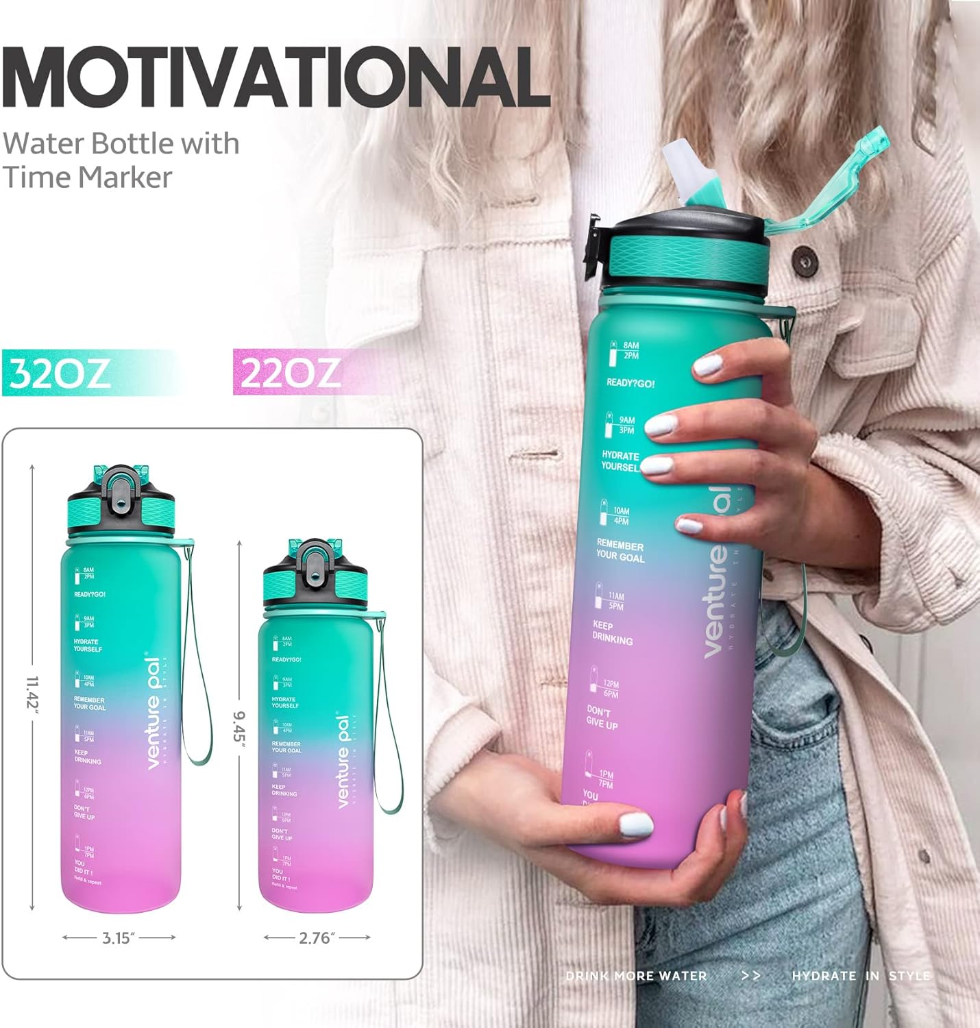 Venture Pal 22 oz 32 oz Sports Water Bottle with Time Marker, Carry Strap and Cleaning Brush – BPA Free, Leak Proof, Straw Lid – Perfect for Fitness