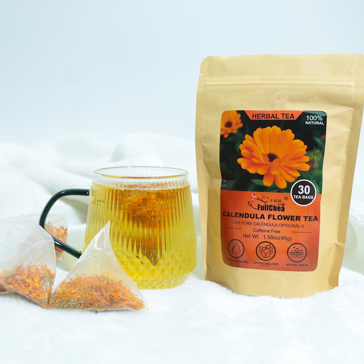 FullChea – Té de flores de caléndula secas, 30 bolsitas de té, 0.05 ozbolsa – Té de caléndula premium para la salud de la piel y el bienestar – Sin
