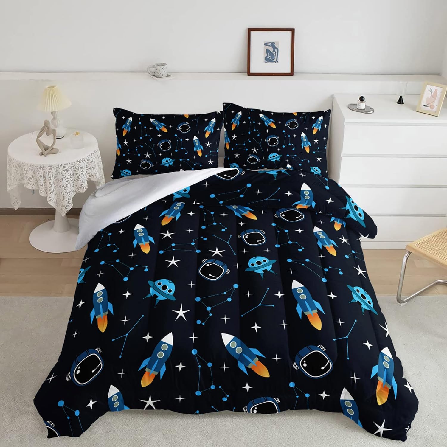 BailiPromise Juego de edredón de tamaño individual, diseño de cielo estrellado, diseño de espacio exterior, dibujos animados, para niños y niñas, 1