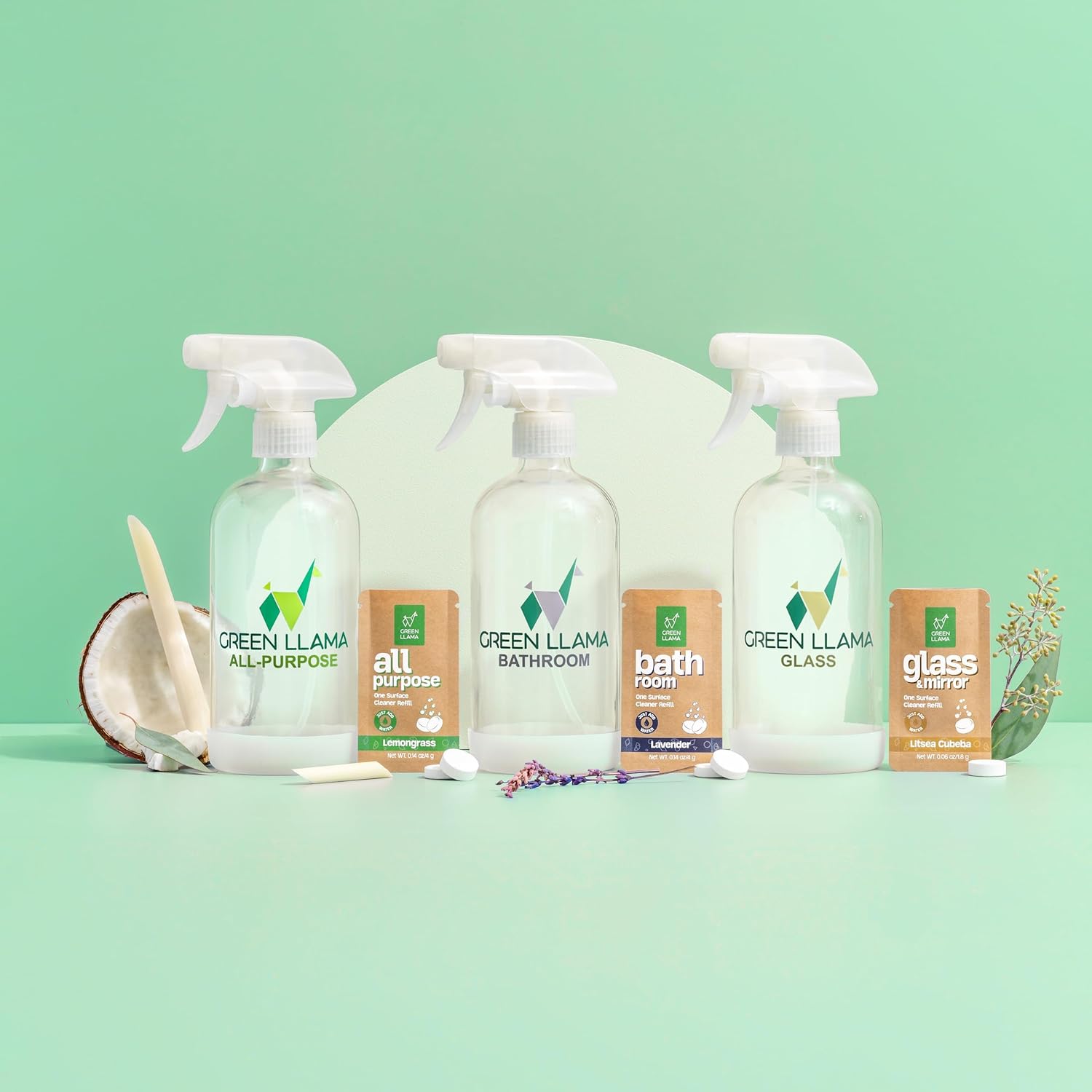 Kit completo de limpieza para el hogar  Juego de 3 botellas de vidrio serigrafiadas de 16 onzas con pulverizadores de gatillo  Incluye tabletas de