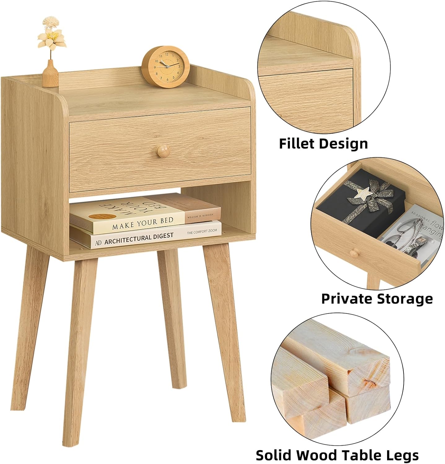 Lerliuo Juego de 2 mesitas de noche de madera, moderna mesa auxiliar de cama con cajón, mesa auxiliar de madera para espacios pequeños, mesa