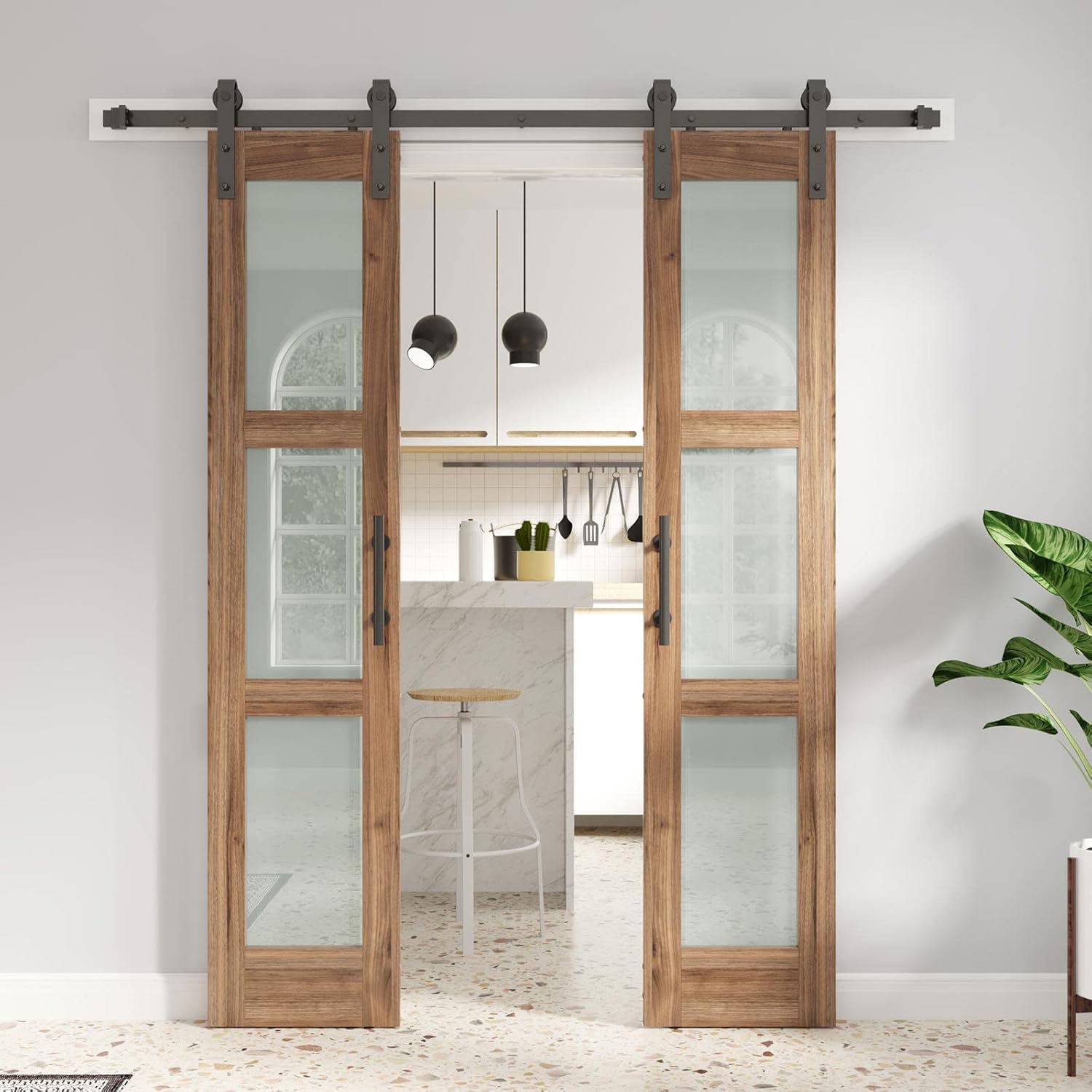 Puertas de granero de vidrio dobles de 18 x 84 pulgadas, puerta de granero de 36 pulgadas con kit de herramientas de 6.6 pies y mango incluidos,
