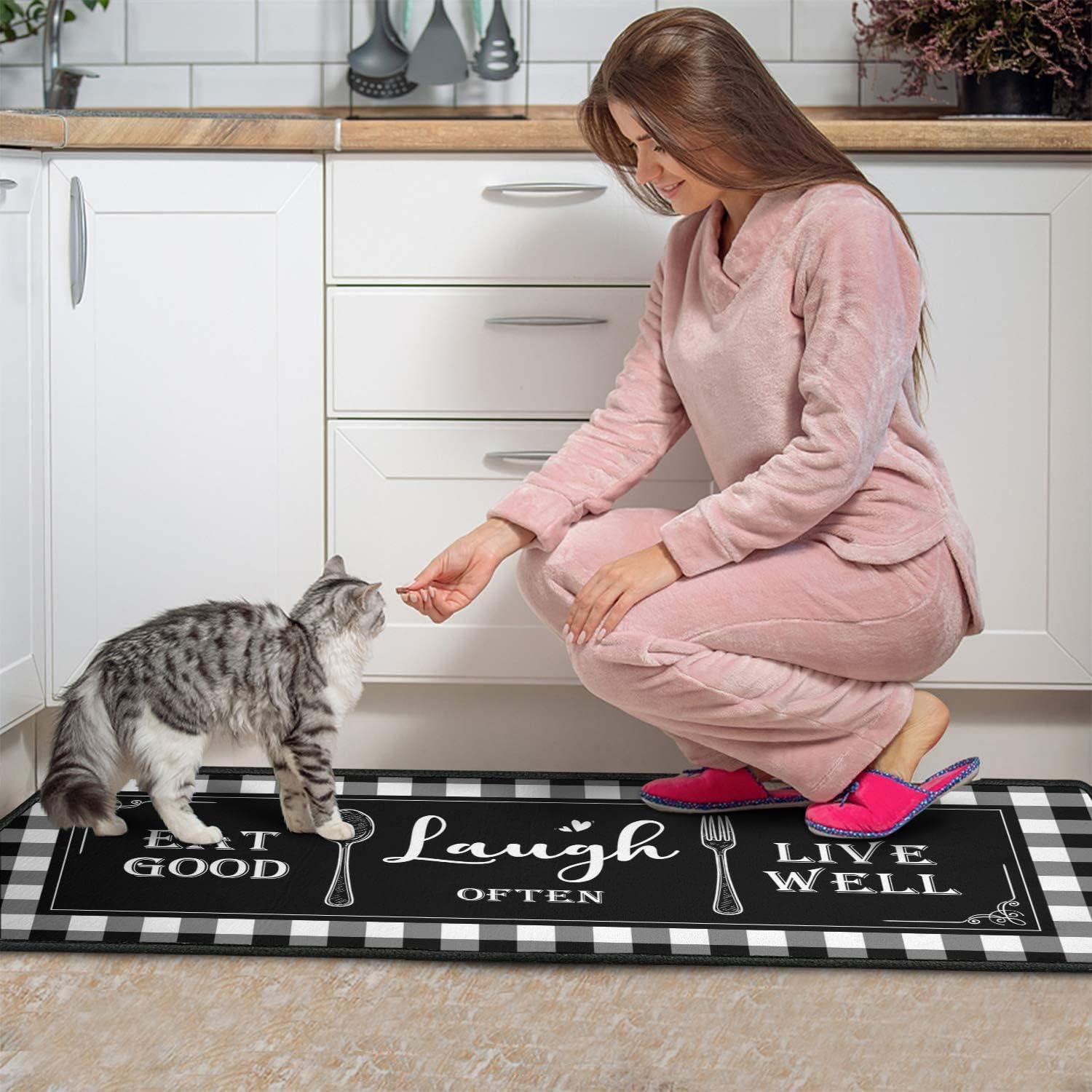 Juego de 2 alfombras de cocina a cuadros blancos y negros, antideslizantes, lavables, absorbentes, de microfibra, para el suelo, 17 x 47 + 17 x 30