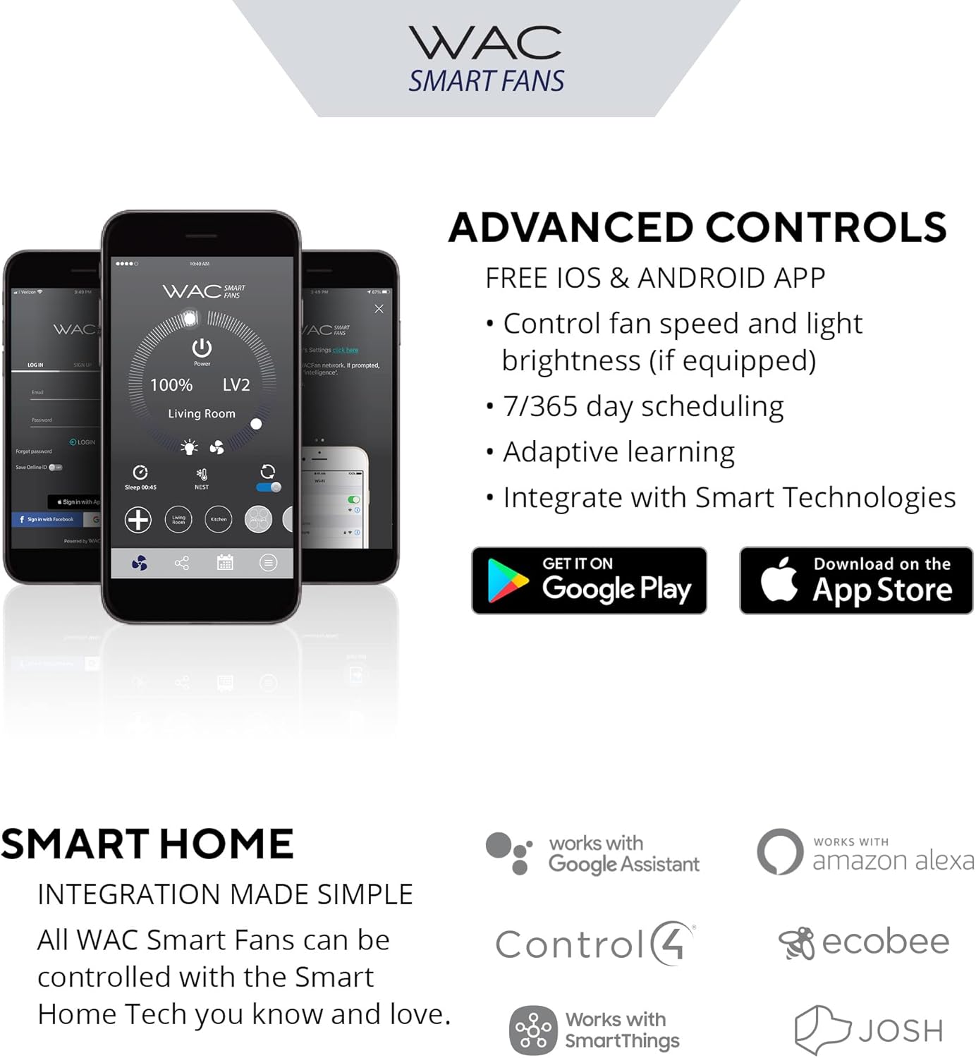 WAC Smart Fans Geos Ventilador de techo de 3 aspas para interiores y exteriores, 60 pulgadas, blanco mate con kit de luz LED de 3000K y control