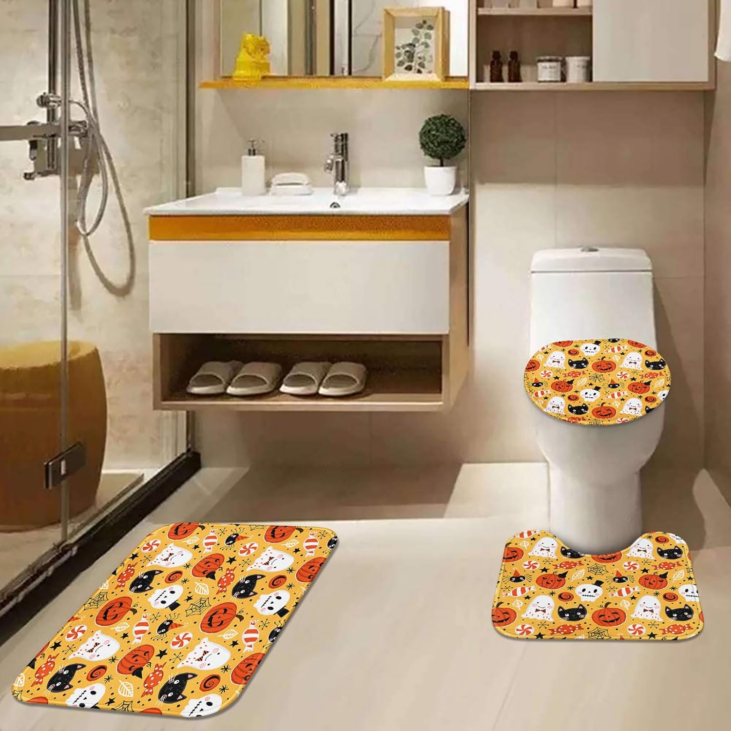 ArtSocket Juego de 3 alfombras y tapetes de baño de calabazas de Halloween, tapetes de baño de terror espeluznantes, antideslizantes, lindos tapetes