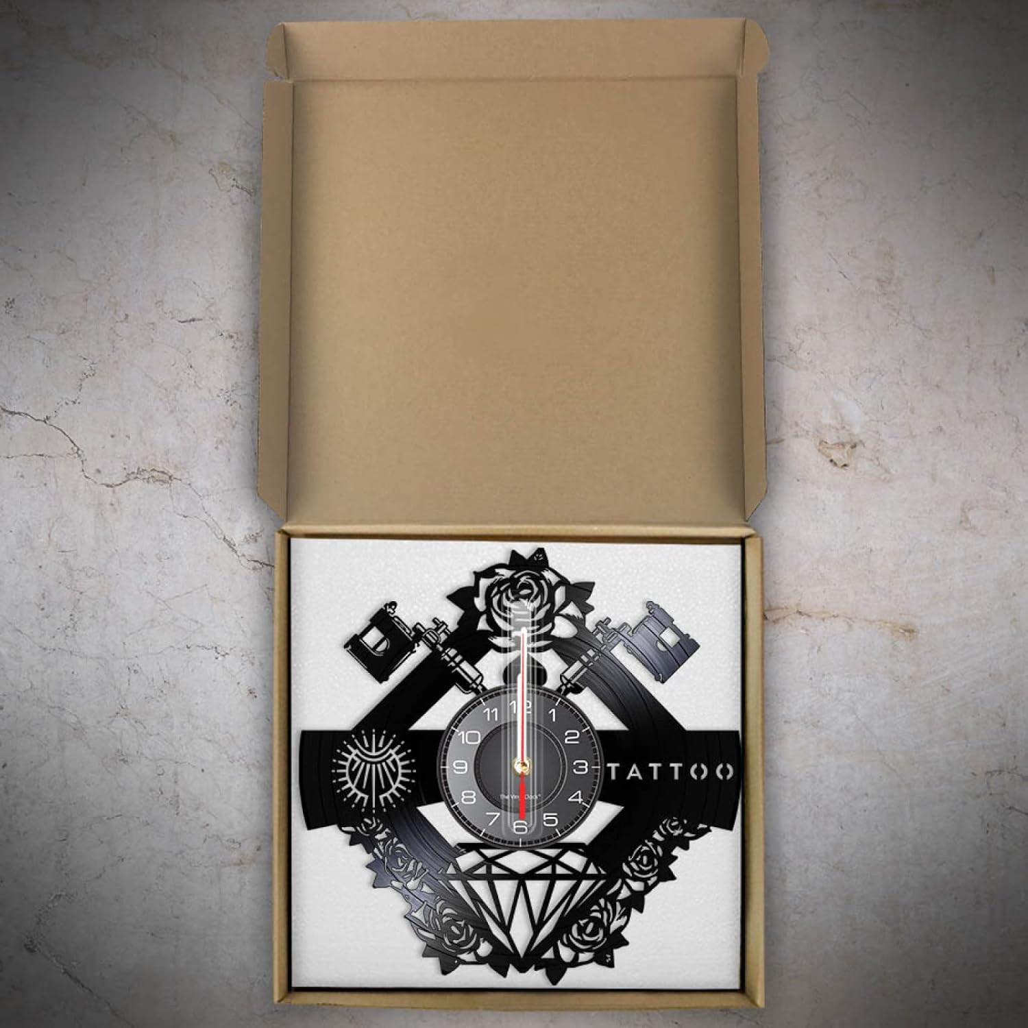 Reloj de pared decorativo de 12 pulgadas, letrero de estudio de tatuaje, nombre personalizado, disco de vinilo silencioso, reloj de pared, máquina
