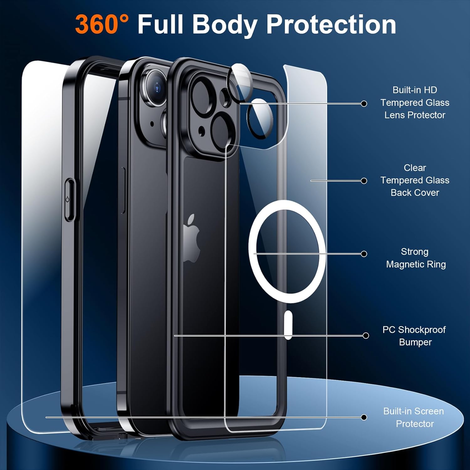 Funda magnética para iPhone 15 impermeable, protector de pantalla integrado y protector de cámara de vidrio templado, IP68 bajo el agua, a prueba de