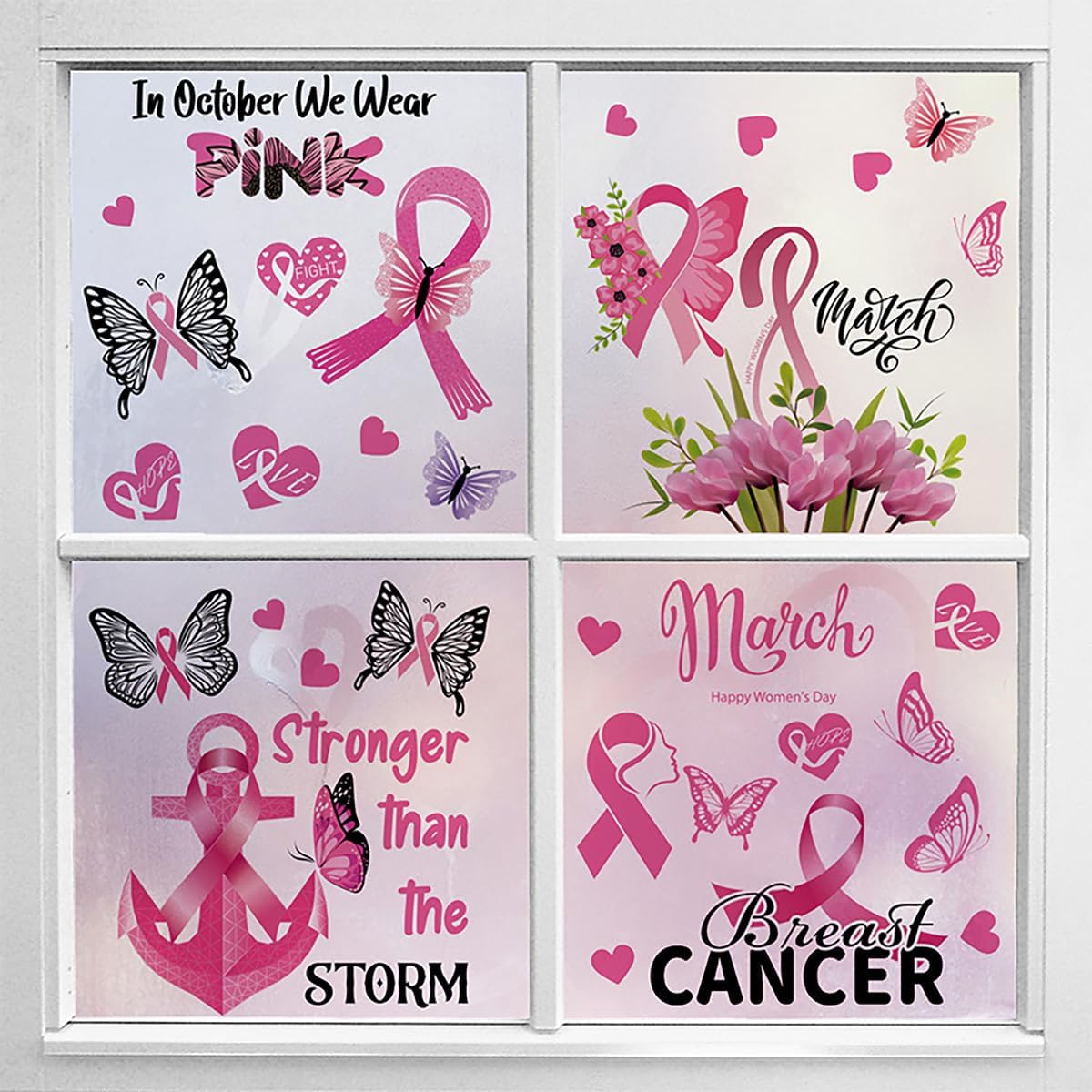 Adhesivos para ventana de concientización sobre el cáncer de mama, 9 hojas de cinta rosa, calcomanías de decoración de cáncer de mama, calcomanías