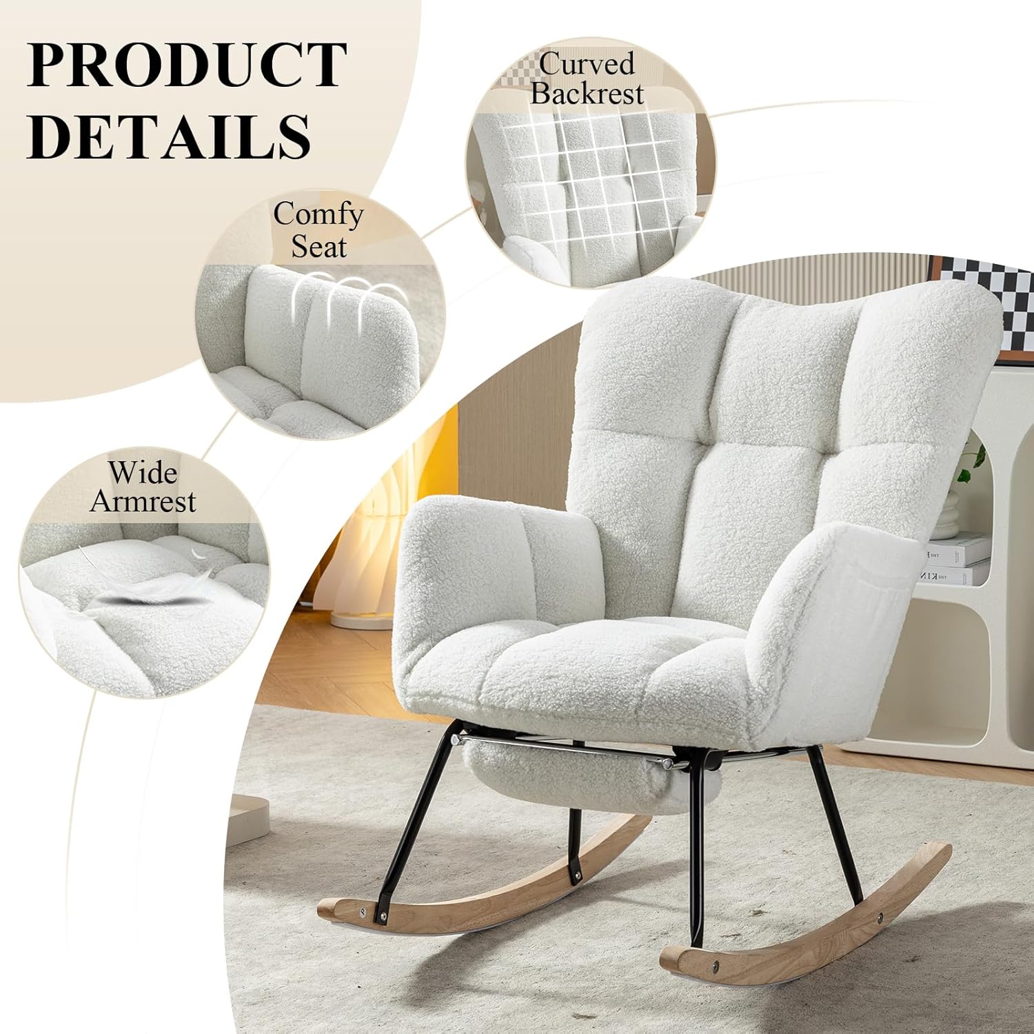 NIOIIKIT Silla mecedora para guardería, silla deslizadora tapizada de peluche con reposapiés ajustable, silla reclinable acolchada con respaldo