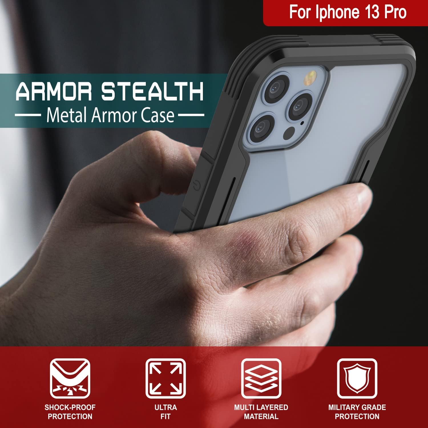 Punkcase Diseñada para iPhone 13 Pro Armor Stealth Series funda protectora de grado militar con marco de aluminio parte trasera transparente Máxima
