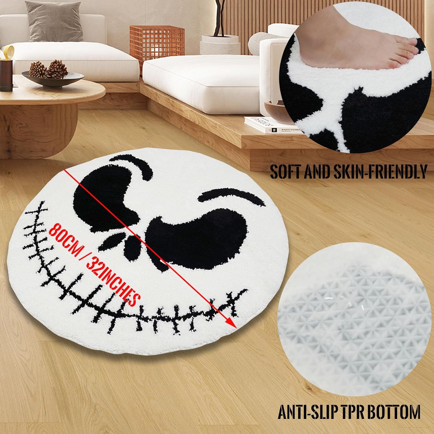Alfombra de baño redonda de Halloween, 32 pulgadas, antideslizante, de caucho termoplástico, suave, absorbente, alfombra de baño de calavera peluda