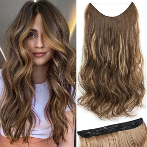 Ubeleco Extensiones de cabello con alambre invisible con alambre transparente, tamaño ajustable, 4 clips seguros, postizo largo sintético rizado de Ubeleco Extensiones de cabello con alambre invisible con alambre transparente, tamaño ajustable, 4 clips seguros, postizo largo sintético rizado de