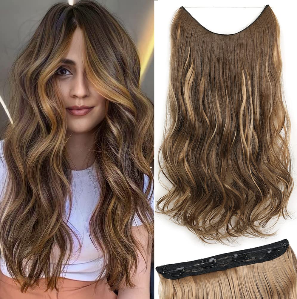 Ubeleco Extensiones de cabello con alambre invisible con alambre transparente, tamaño ajustable, 4 clips seguros, postizo largo sintético rizado de