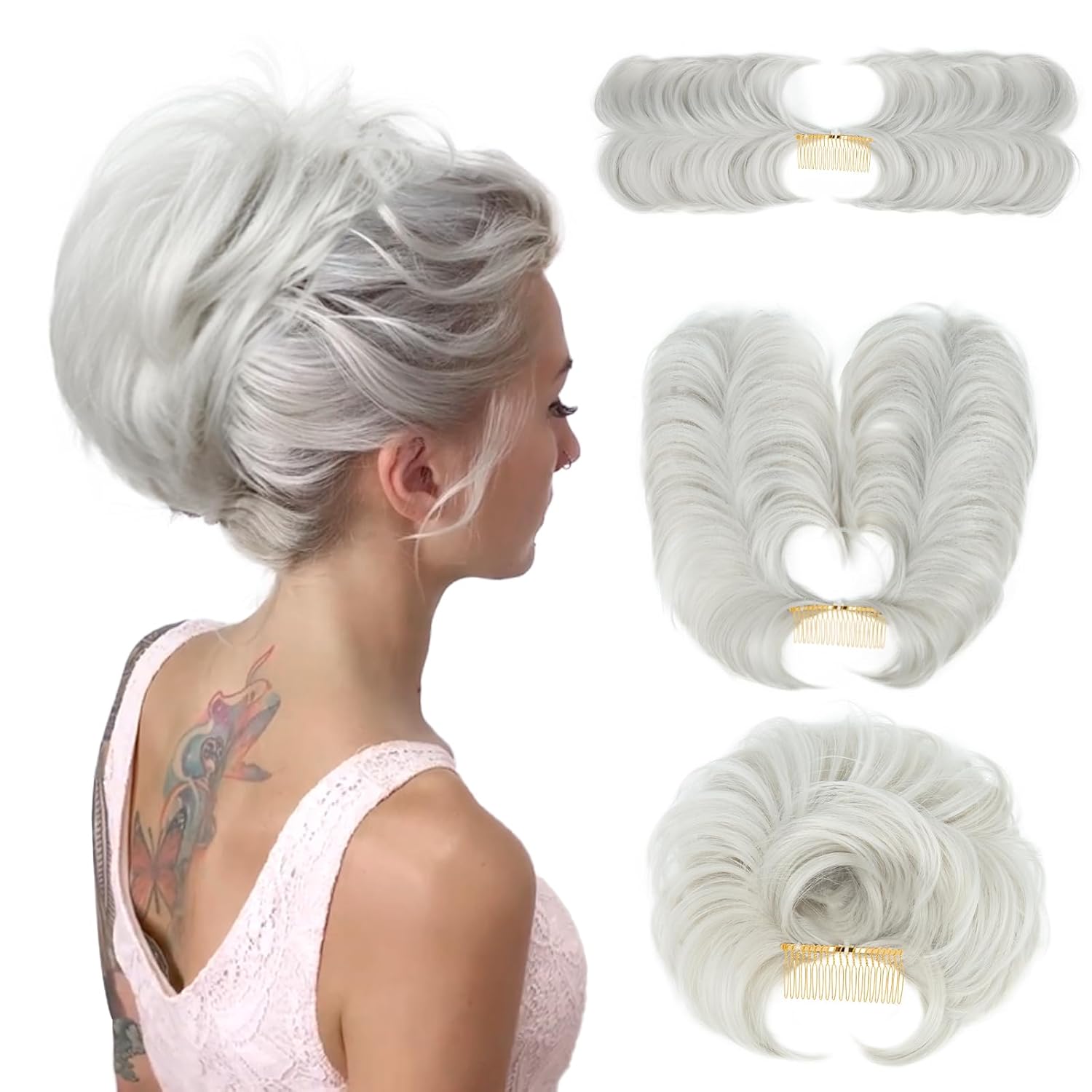 MAOPAOBEAUTY Moño desordenado, sintético, rizado, ondulado, desordenado, para mujeres y niñas, color gris platino, recogido con zarcillos para uso