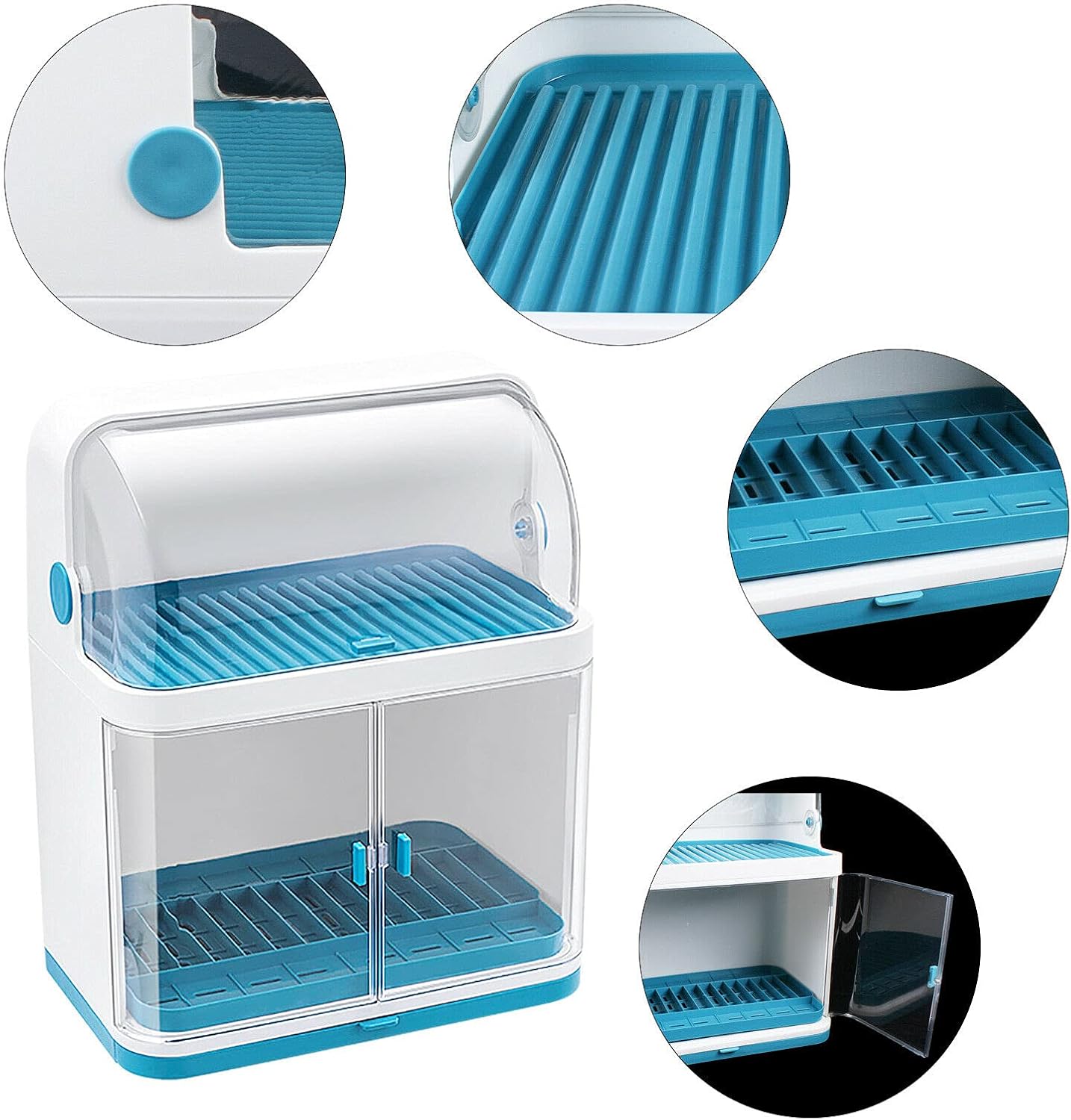 Escurridor de platos de cocina, caja de almacenamiento de plástico a prueba de polvo de 2 niveles, cesta para cubiertos, organizador de utensilios