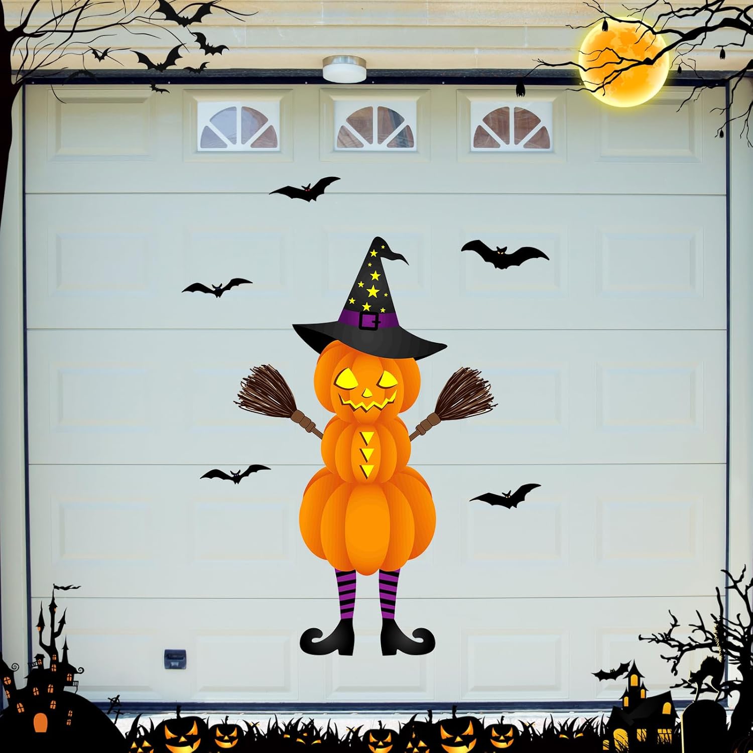14 imanes de Halloween para puerta de garaje, decoraciones de calabaza de 42.5 pulgadas, decoración de puerta de calabaza grande, murciélago,
