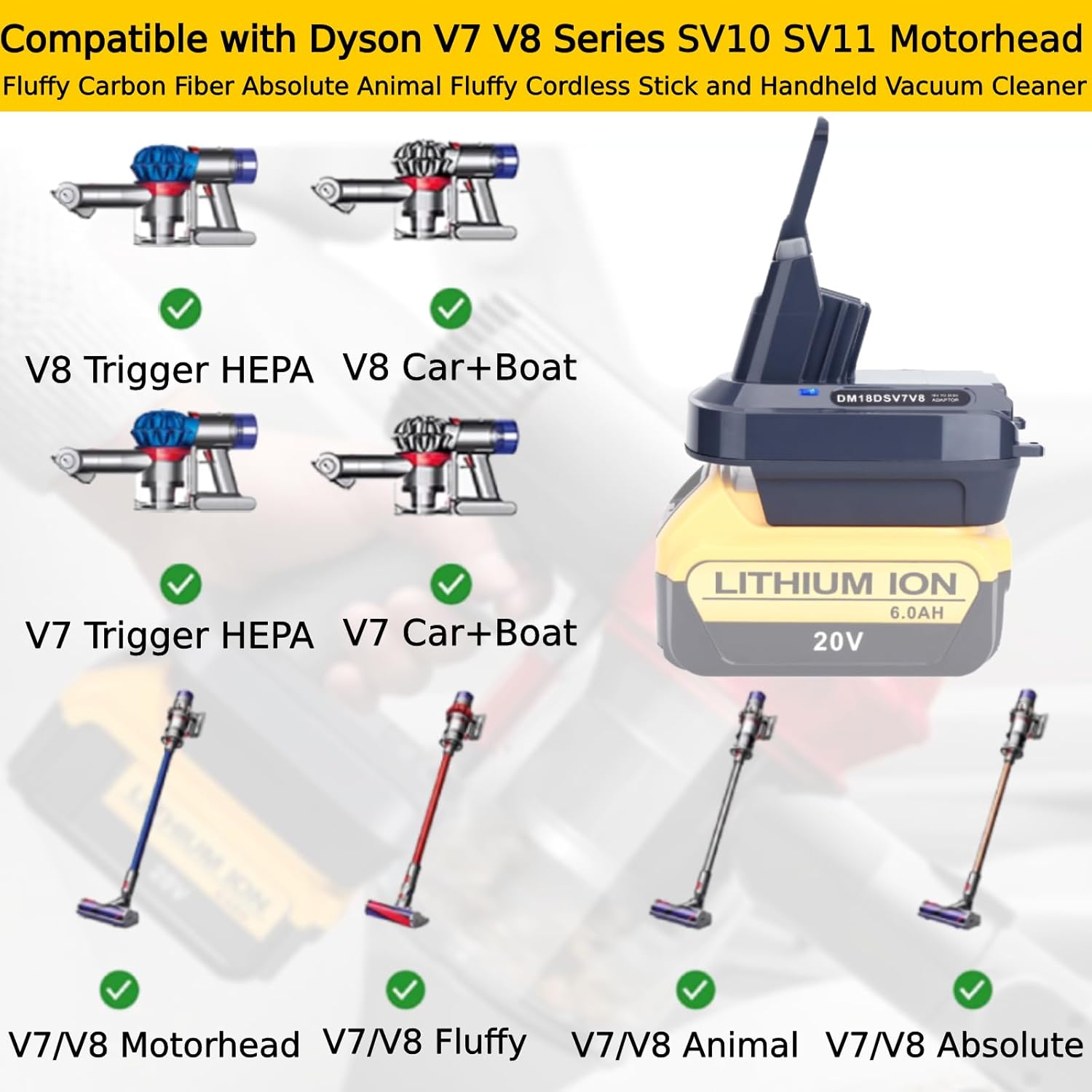 Epowon V7 V8 – Adaptador de batería compatible con batería Dewalt de 20 V a repuesto para batería V7, funciona con todos los convertidores de vacío