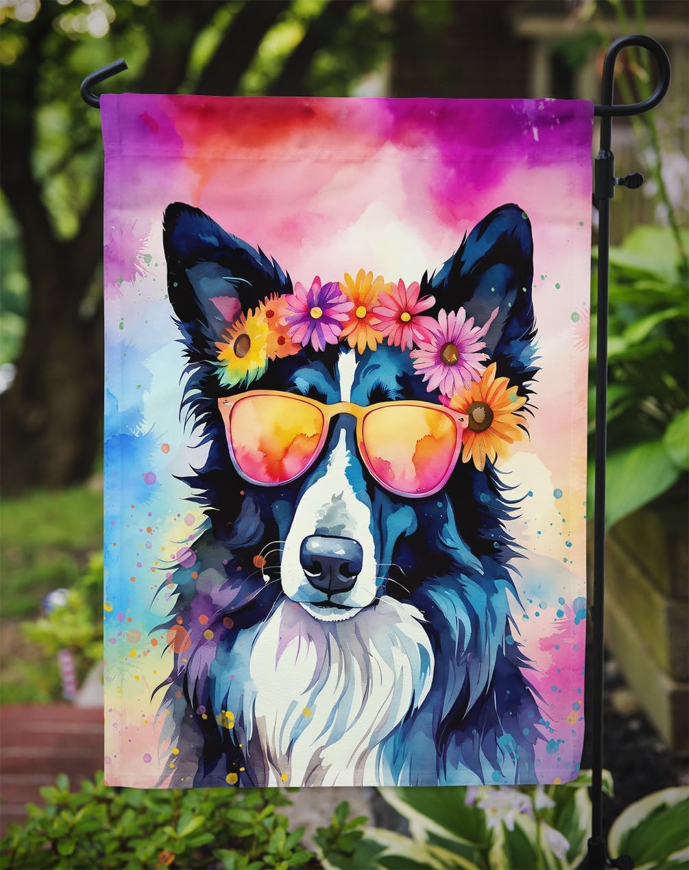Caroline’s Treasures DAC2466GF Border Collie Hippie Dawg Garden Flag Mailbox Flag Decorative Yard Flag Banner Outside Patio Artwork Yard Flower