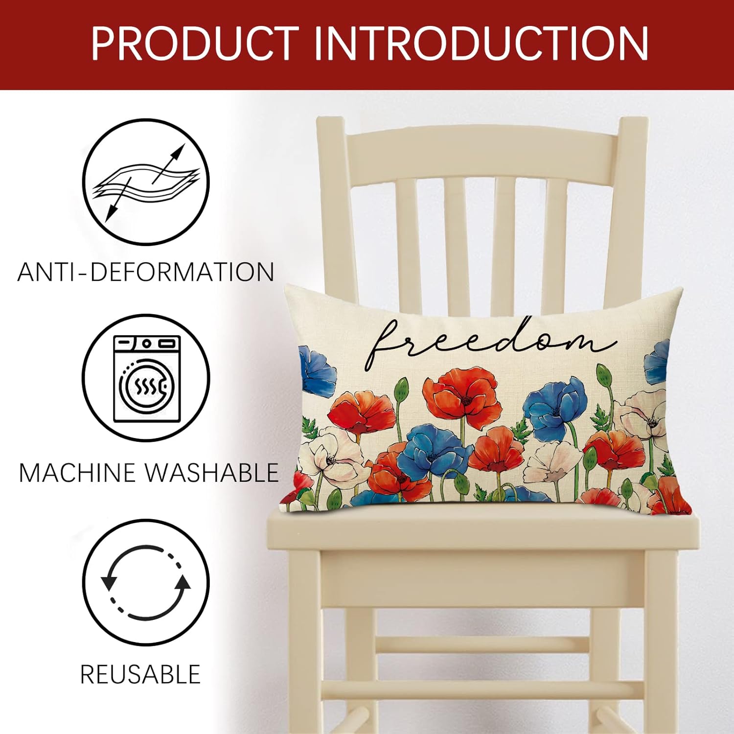 Fjfz 4th of July Freedom – Funda de almohada decorativa lumbar con flores patrióticas de 12 x 20 pulgadas, rectangular, diseño floral de anémona de