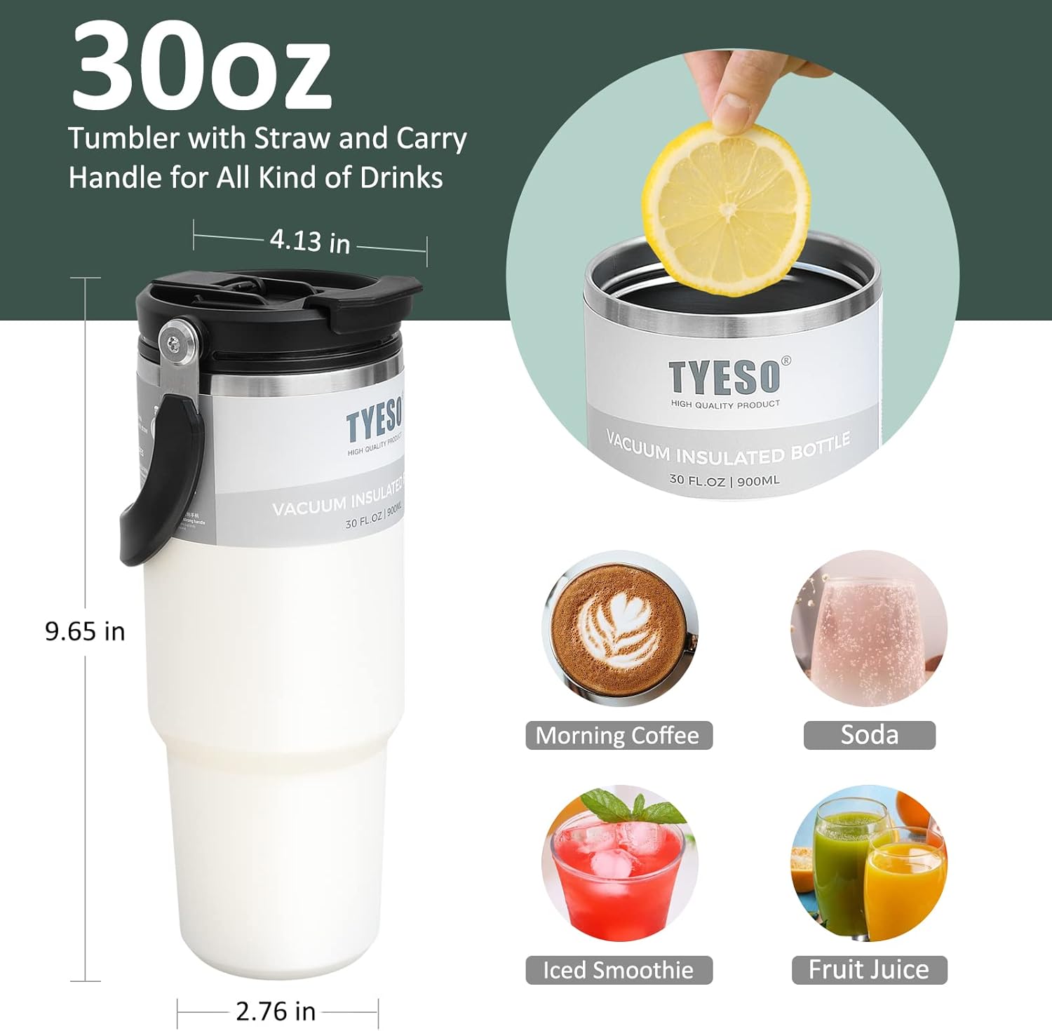 INDARUN Vaso de 30 oz con asa y popote, botella de agua de acero inoxidable con aislamiento de doble pared, taza para café, viaje frío hasta 24 horas