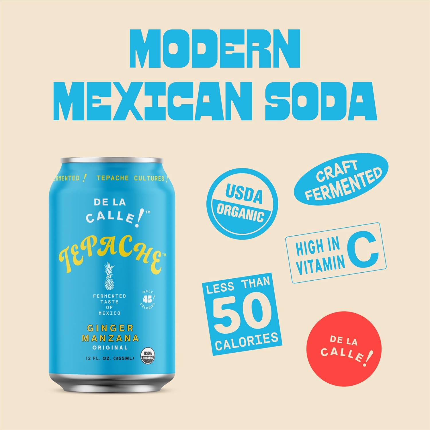 De La Calle Tepache – Ginger Manzana – Soda mexicana moderna – Bebida espumosa de piña fermentada artesanal – Orgánica certificada, rica en
