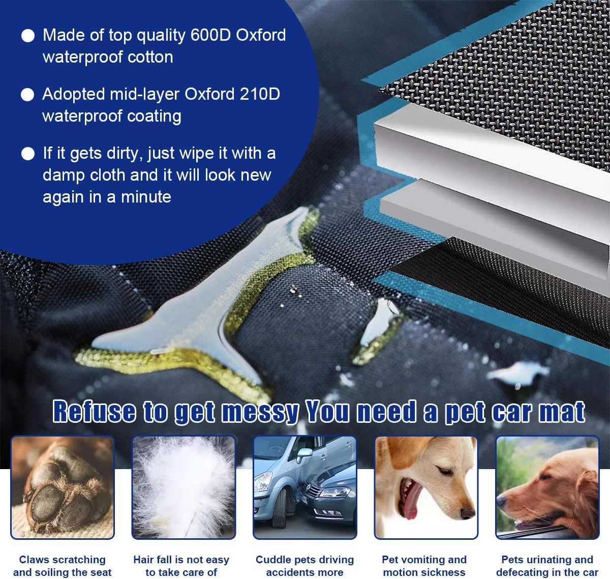 Ziciner Funda para perro para asiento delantero de automóvil, 600D impermeable, protector de asiento contra la piel y la suciedad, funda duradera