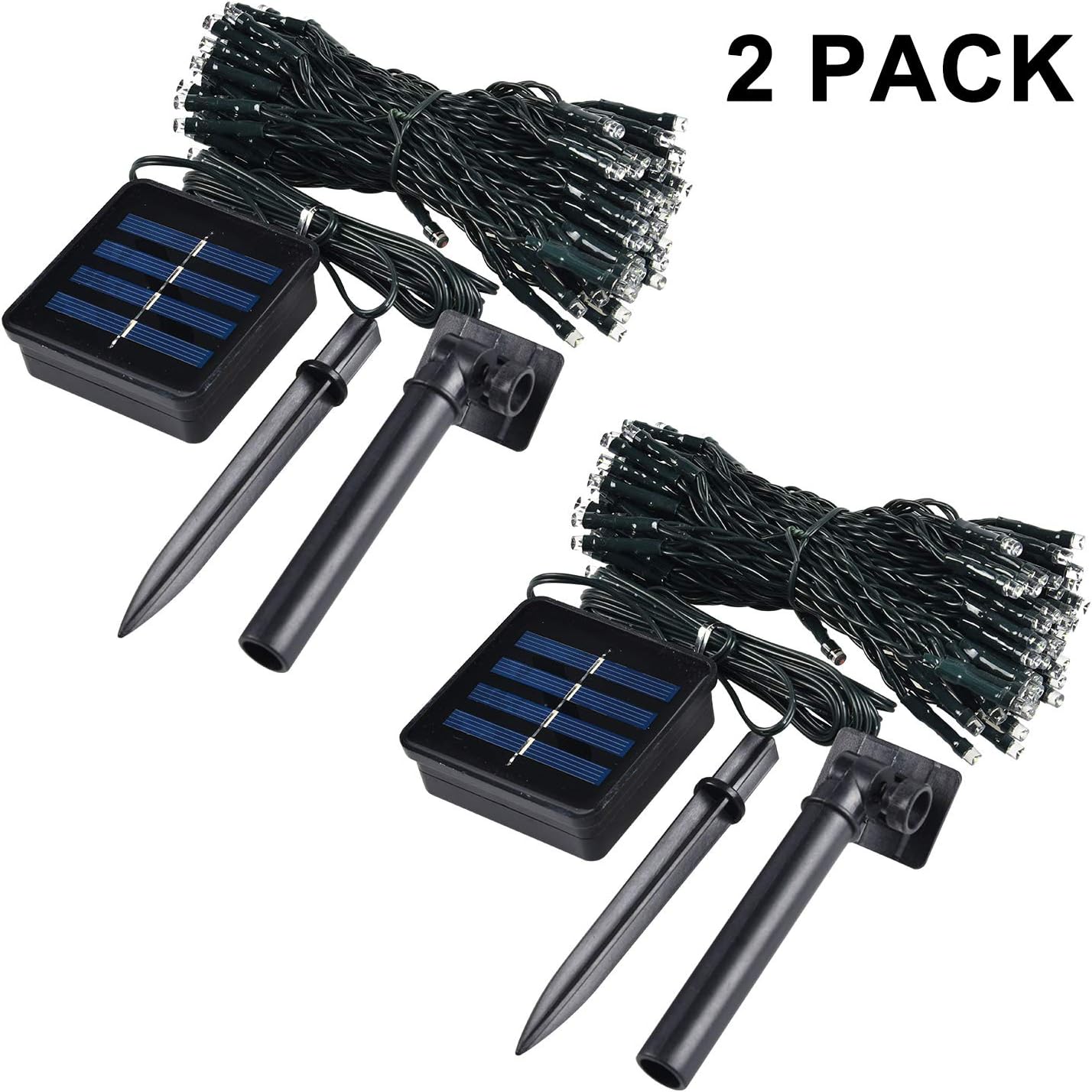 Paquete de 2 tiras de luces solares, 8 modos de 42 pies, 100 luces LED impermeables para jardín, árbol, patio, Navidad, boda, fiesta (multicolor)