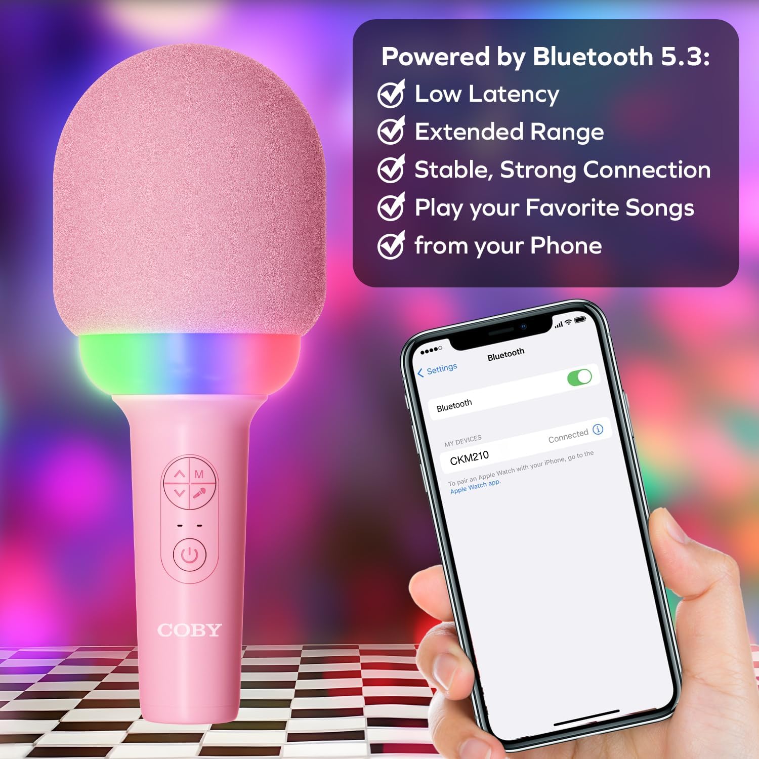Coby Micrófono LED de karaoke  5 modos de luz súper divertidos  4 modos divertidos de cambio de voz  Modo inalámbrico verdadero para dúos  Micrófono
