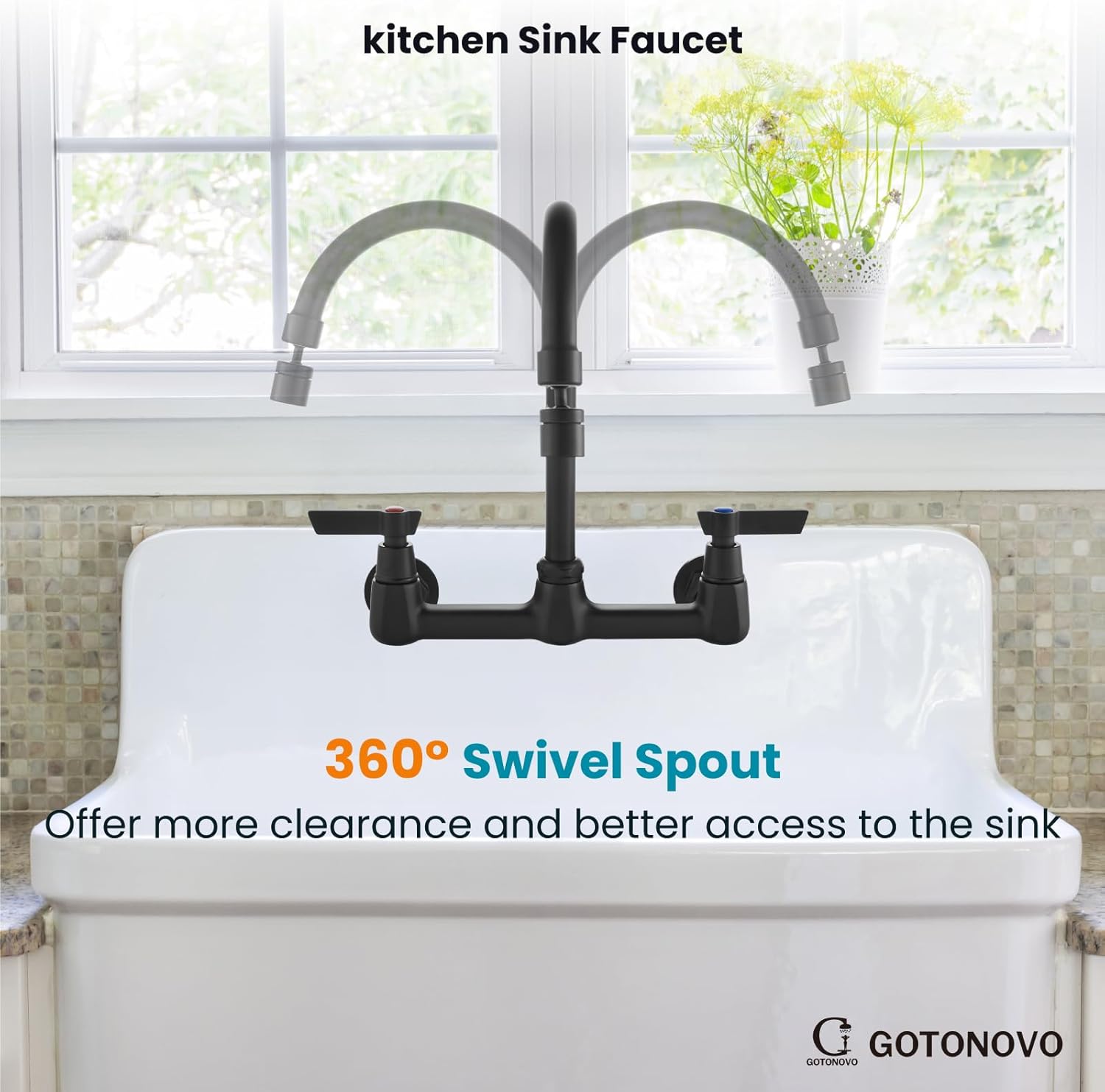 gotonovo Grifo de cocina de montaje en pared negro mate de 8 pulgadas centro ajustable de 360 grados giratorio de 360 grados grifo de fregadero de