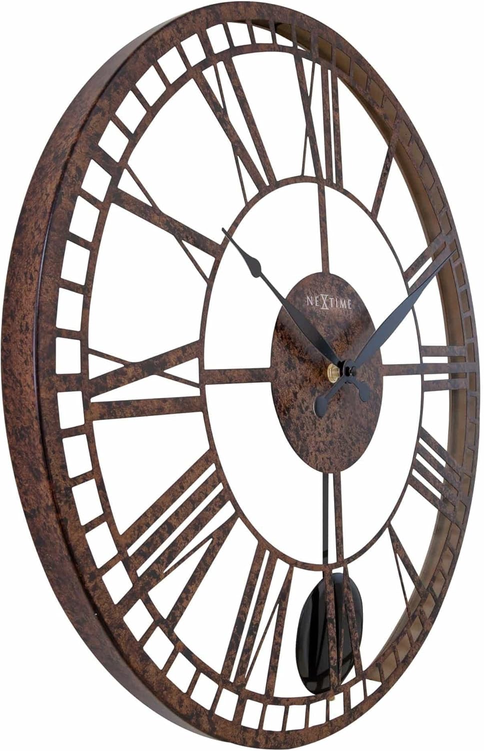 London – Reloj de pared de 20 pulgadas con números romanos y péndulo marrón rústico redondo de metal