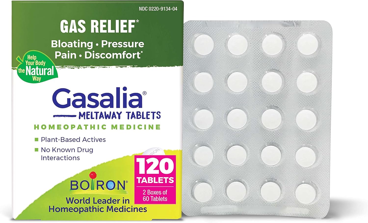 Boiron Gasalia tabletas para aliviar la presión de gas, dolor abdominal, hinchazón y molestias, 120 unidades (2 paquetes de 60)