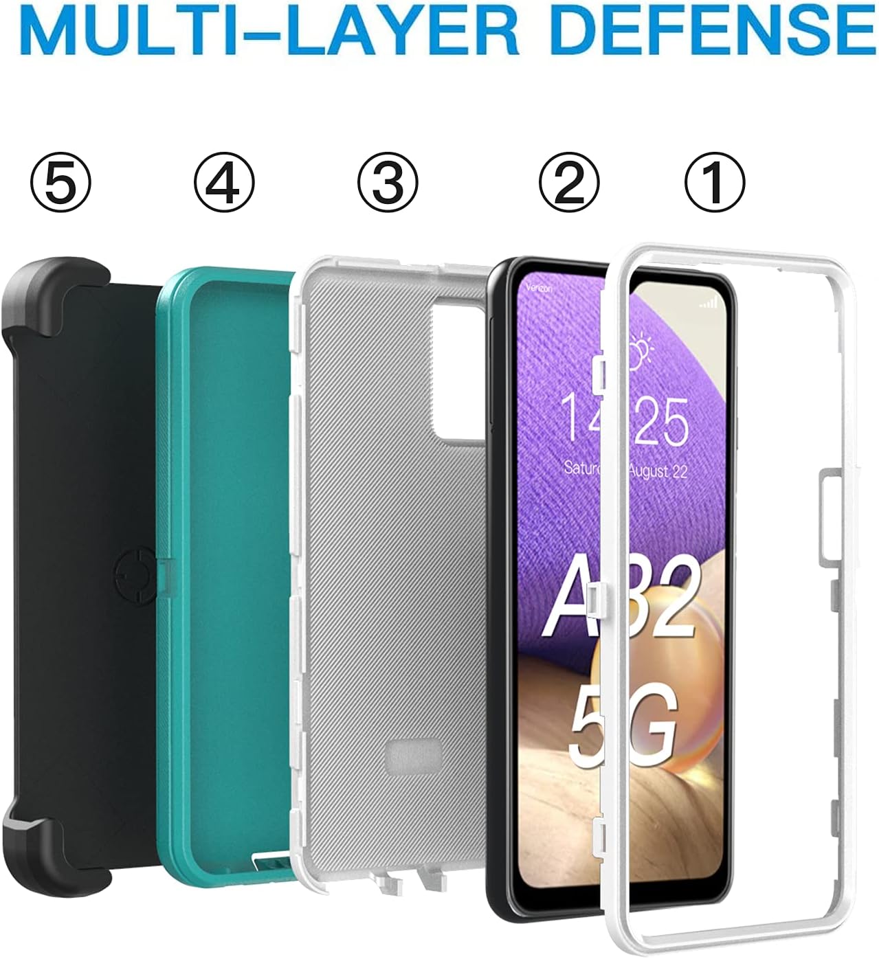 Funda para Galaxy A32 5G, resistente no compatible con 4G, con clip, a prueba de golpes a prueba de caídas a prueba de polvo (verde azulado-blanco)