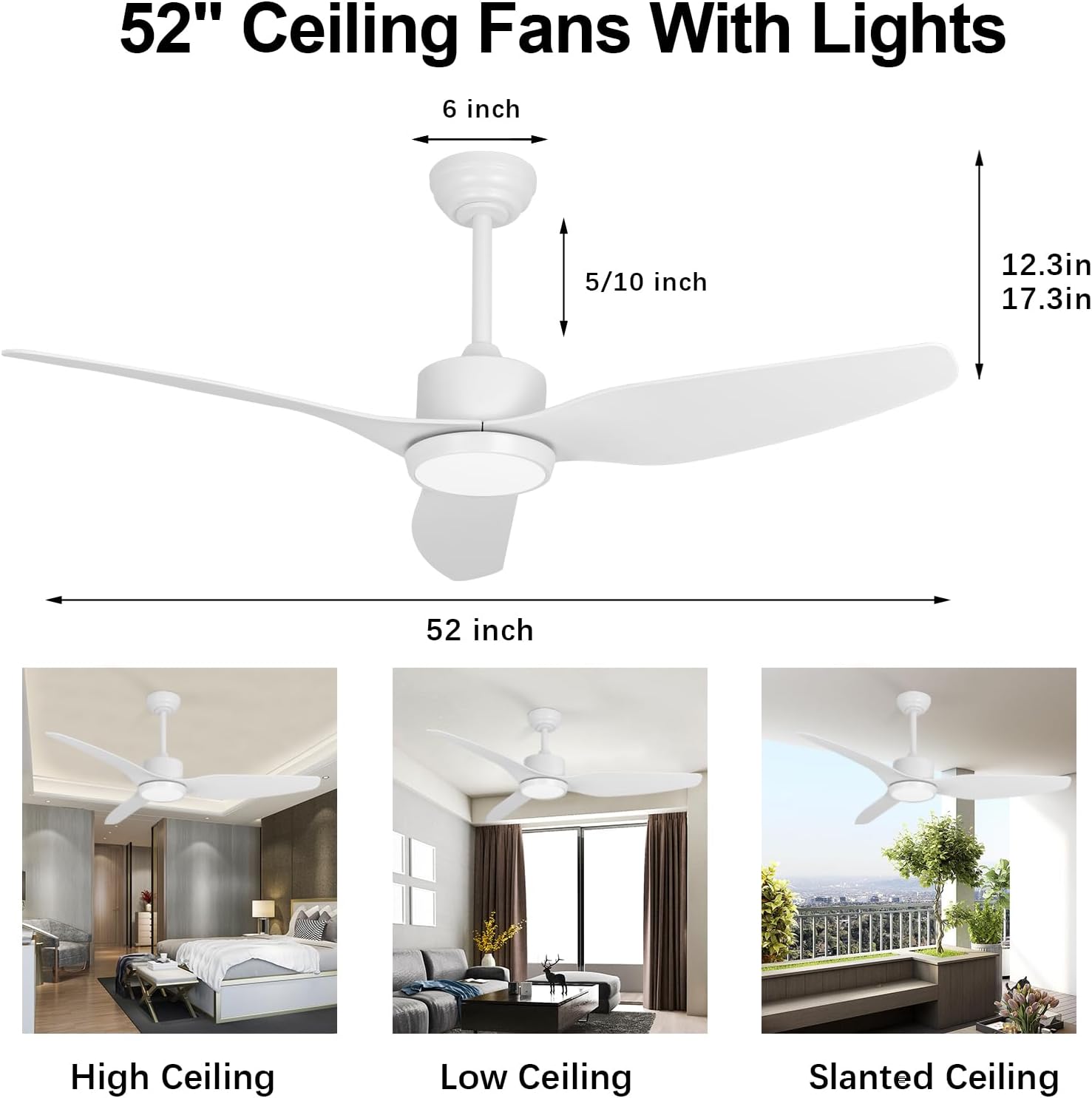 Ventilador de techo blanco con control remoto de luz de 52 pulgadas, 6 velocidades, motor silencioso reversible, 3CCT, regulable, LED, temporizador,