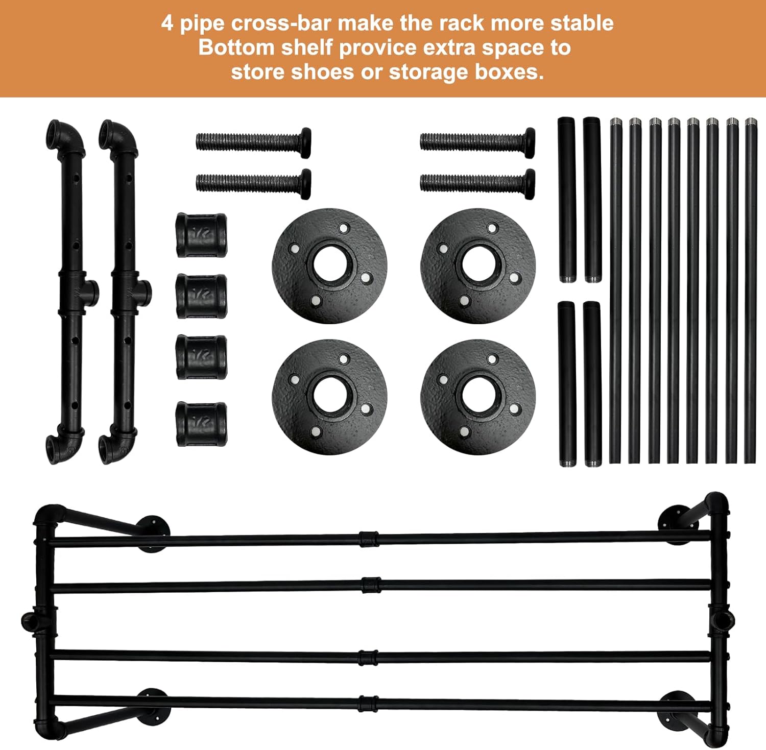 Oroonoko Perchero industrial para ropa, resistente, 45.6 pulgadas con 4 bases estables para exhibición de almacenamiento de zapatos de ropa (negro)