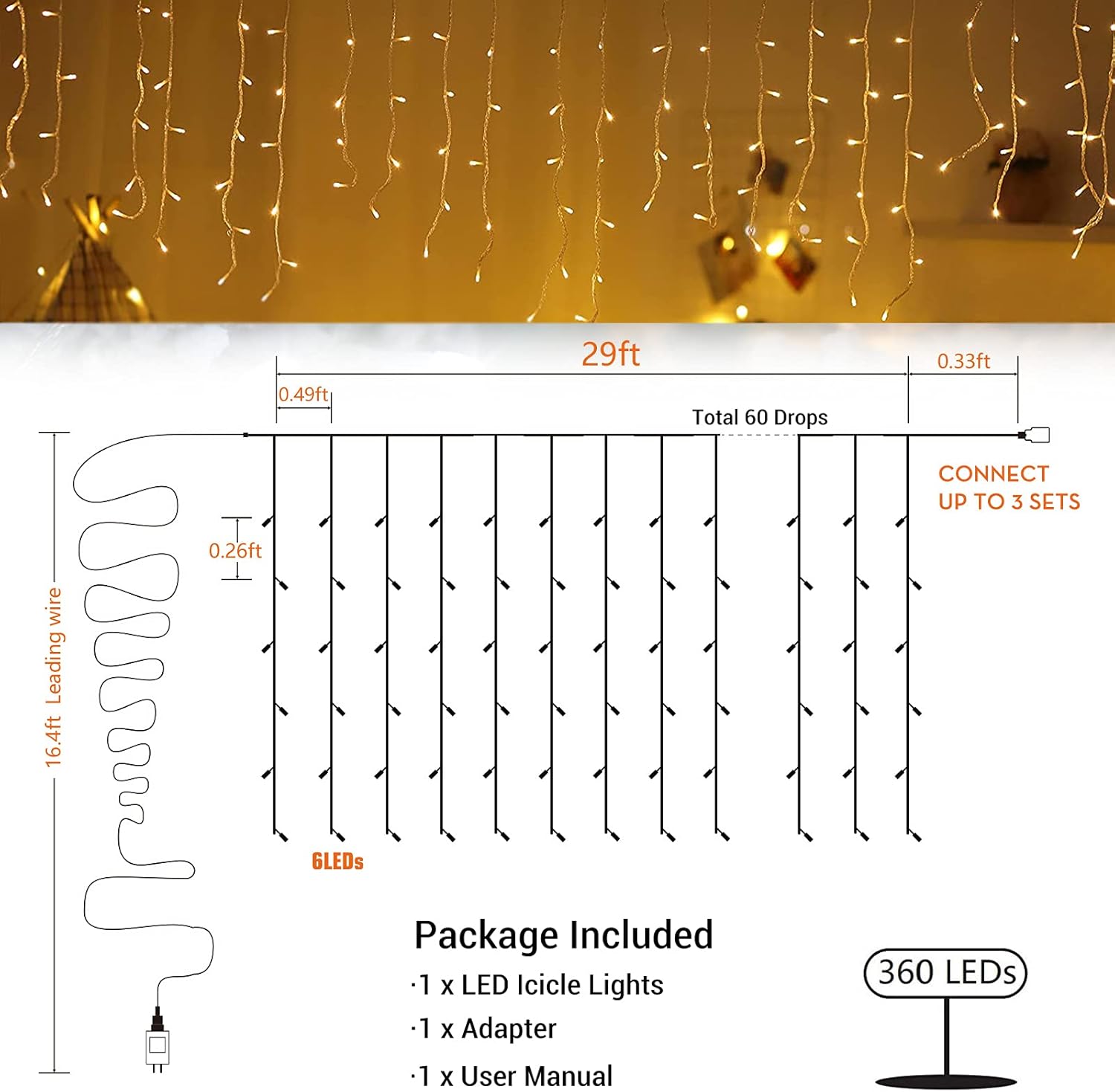 Toodour Luces de Navidad de carámbano para exteriores, 29.5 pies, 360 luces LED de decoración de Navidad con 60 gotas, 8 modos, conectables, luces