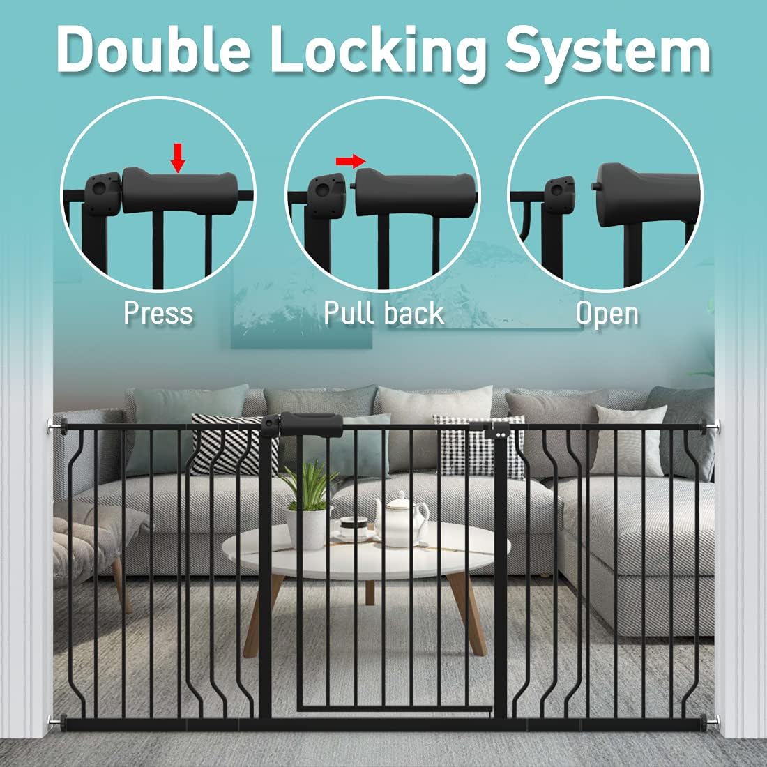 WAOWAO Baby Gate Extra Wide montado a presión a través de Swing Auto Close Seguridad Negro Metal Niño Niño Niño Perro Perro Perro Cachorro Gato para