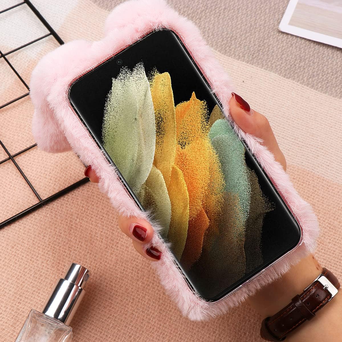 Mikikit Funda de felpa de piel esponjosa para Samsung Galaxy S21 Ultra 5G, lindo conejito peludo, funda protectora 3D de animales peludos, funda