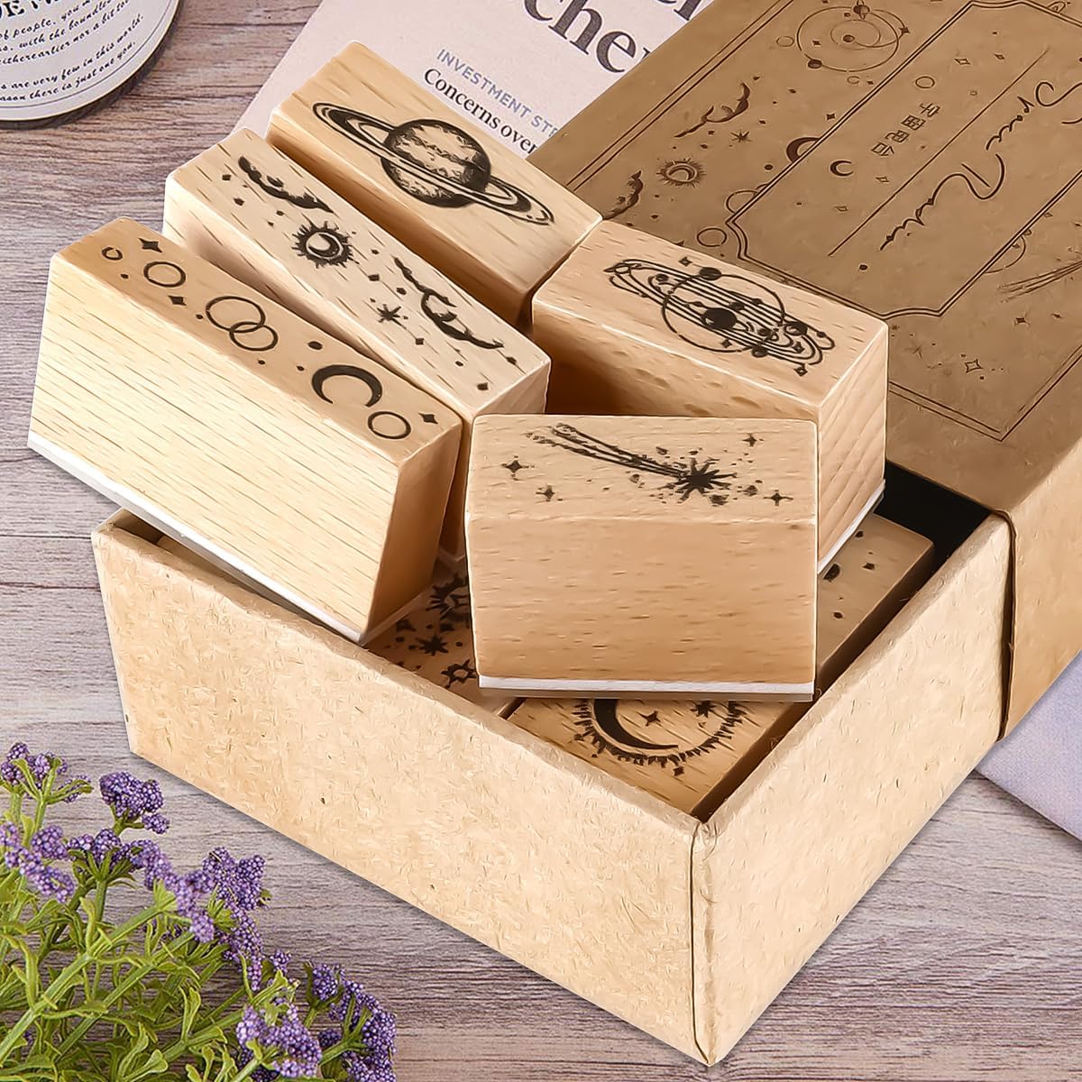 Sello de goma con patrones de plantas de madera, juego de sellos de goma de madera decorativos estrellados para manualidades, tarjetas, álbumes de