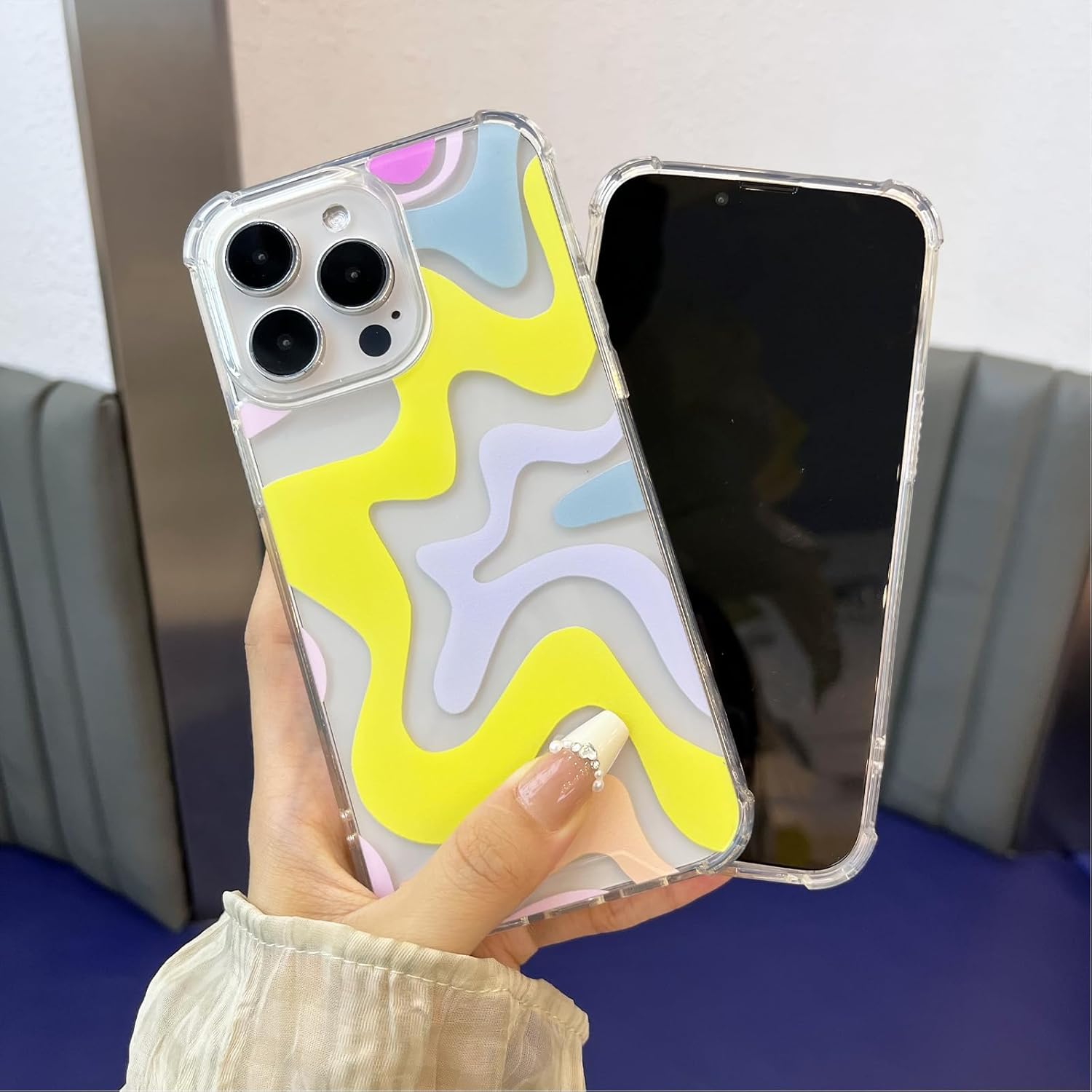 Ginkgonut Funda compatible con iPhone 14 Pro, diseño ondulado simple y simple para mujeres y niñas, funda de TPU suave + protección de policarbonato