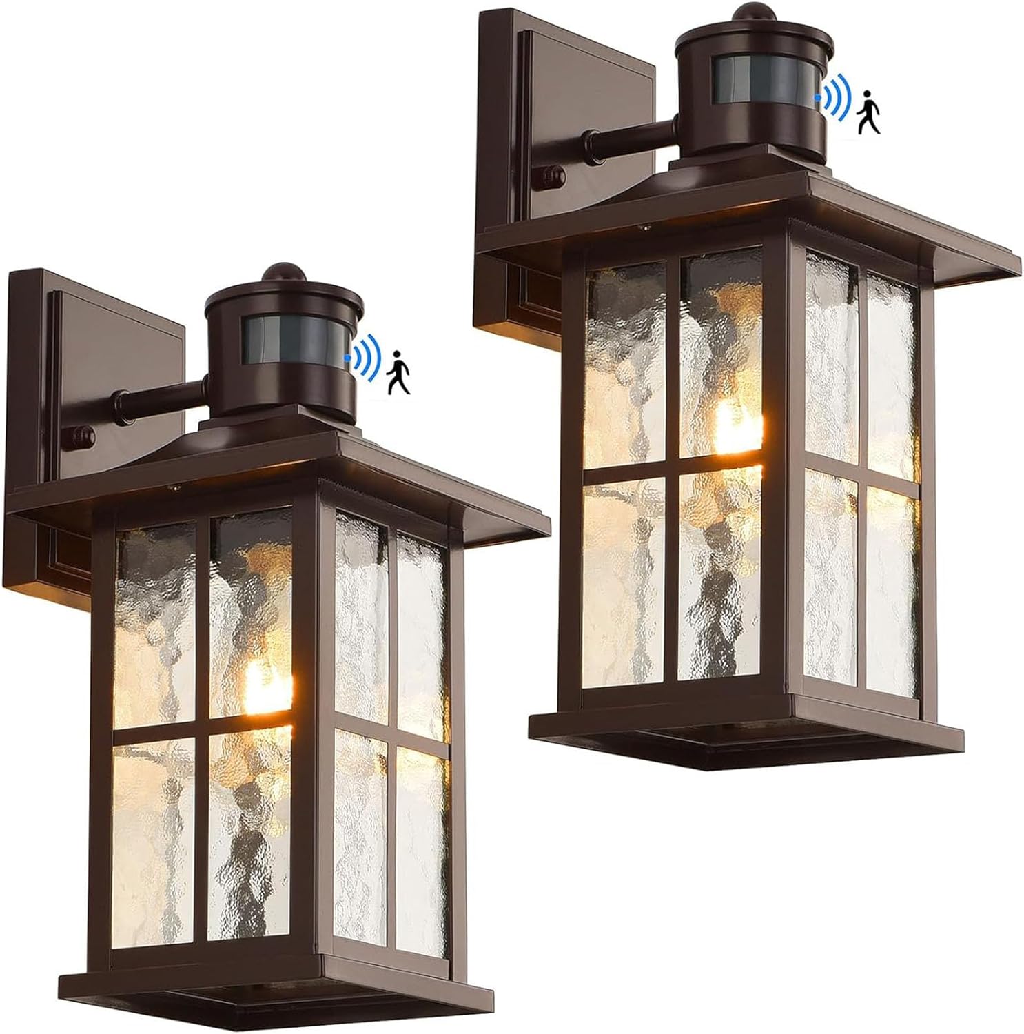 Paquete de 2 luces de pared con sensor de movimiento para exteriores, del anochecer al amanecer, farol de porche exterior, color marrón, accesorios