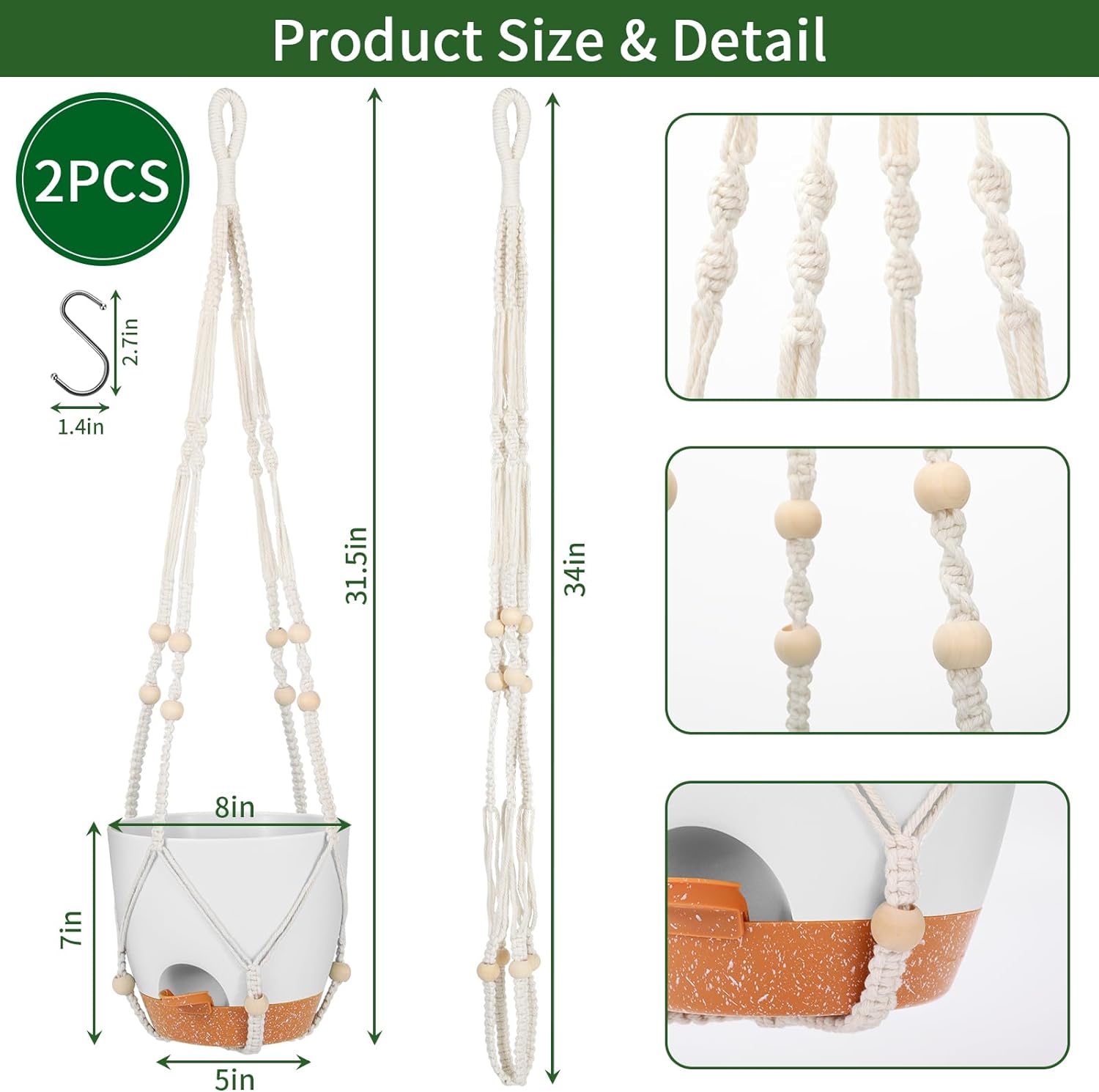 GARDIFE Macetas colgantes de 8 pulgadas con colgador de plantas de mcreme para plantas de interior y exterior, paquete de 2 macetas grandes con