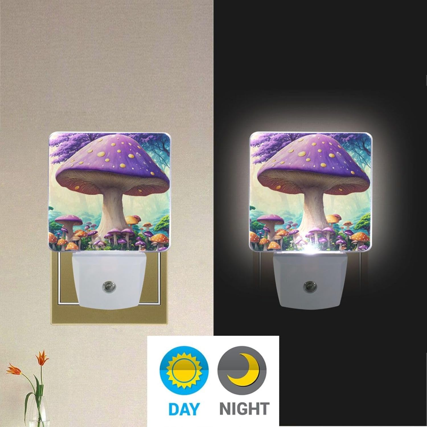 Luz nocturna de hongos morados grandes enchufables en la pared, luz nocturna LED con sensor de atardecer a amanecer, 2 unidades, 3 x 4.5 x 1.4