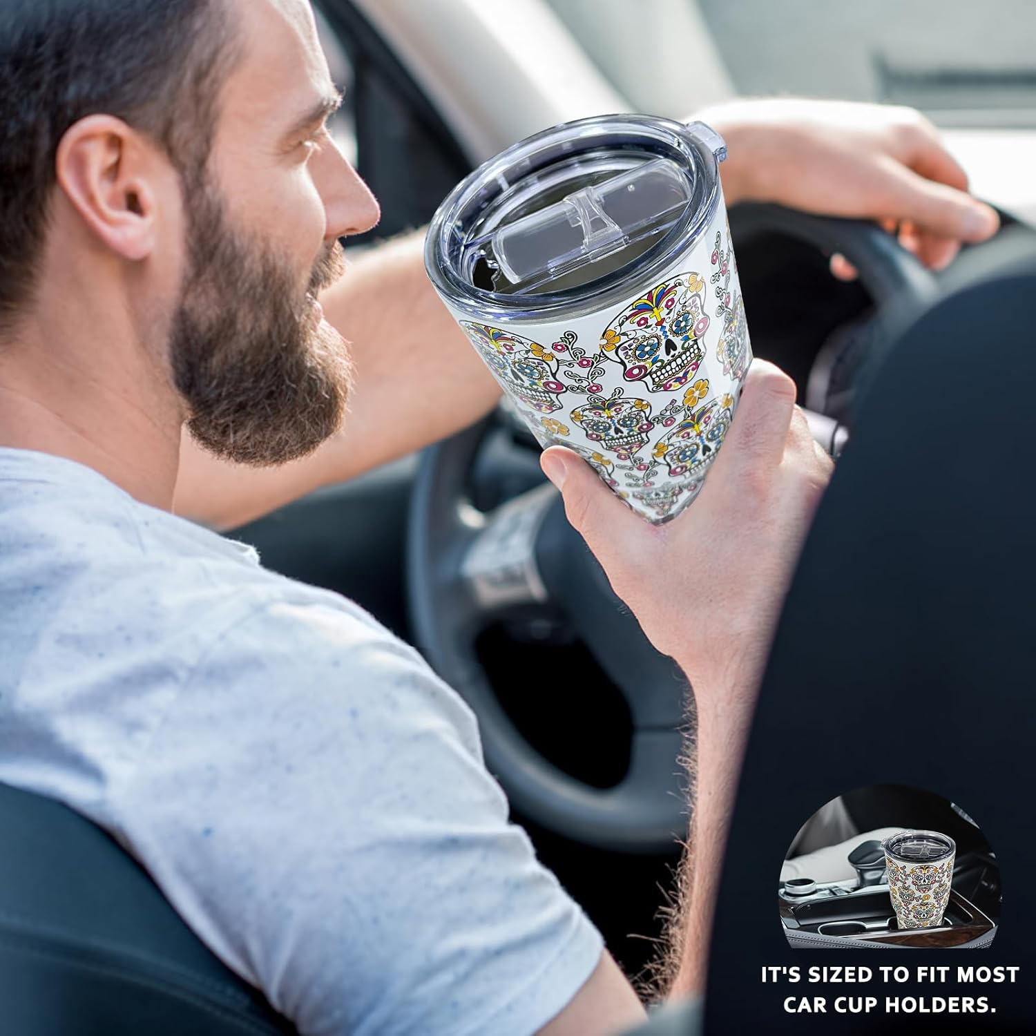 Tumbler with Lid, Double Wall Vacuum Insulated Reusable Coffee Travel Mug Keeps Drinks HotCold, Skull Tumblers Cup for Sport Camping Driving Unique
