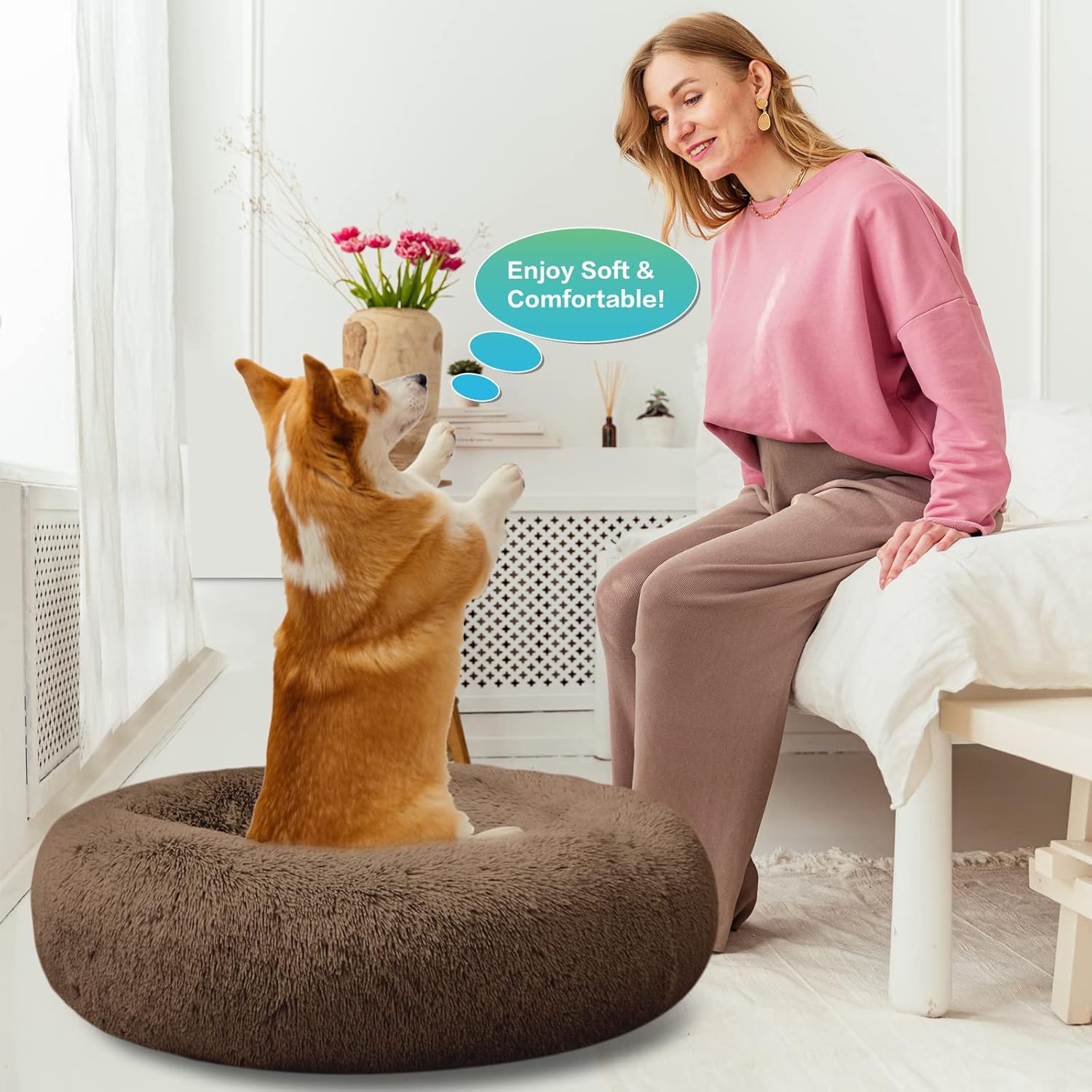 SAVFOX Cama calmante de felpa para perros, cama para perros pequeños, mediano, grande y XL, cómoda cama para perros y gatos en piel sintética, cama