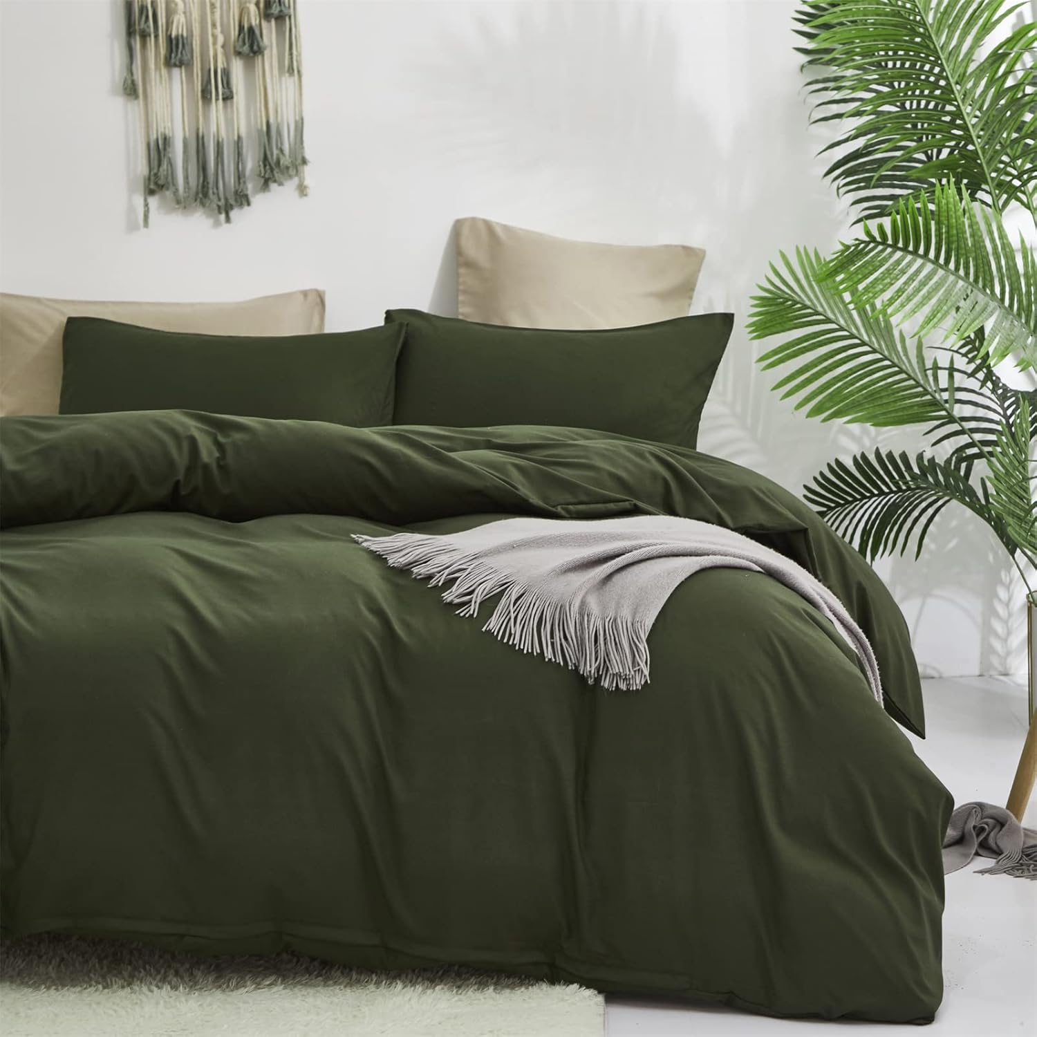 Cottonight – Juego de edredón verde militar tamaño California king, edredón unicolor moderno, suave y transpirable color verde oscuro, juego de 3