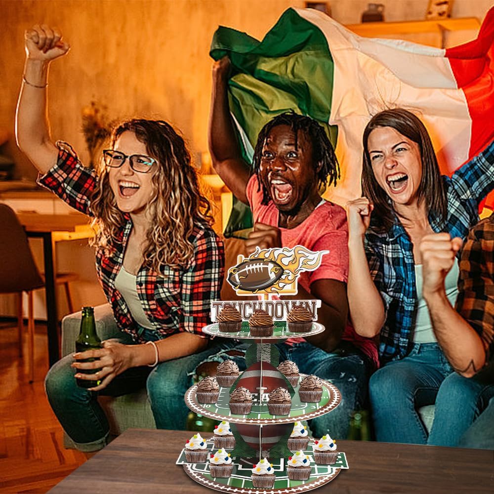 Soporte de 3 niveles para cupcakes de fútbol americano para mesa de postre, rollos deportivos, bolas, cupcakes, bandeja de torre, cartón verde y
