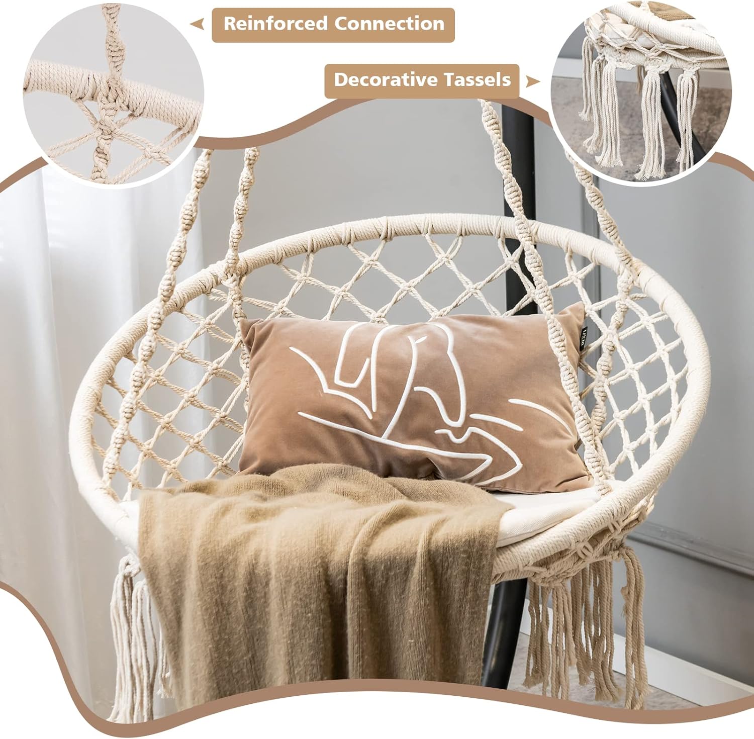 Giantex Silla hamaca de macramé  Silla colgante con cojín y kit de herramientas, capacidad de peso de 330 libras, columpio interior para soporte de