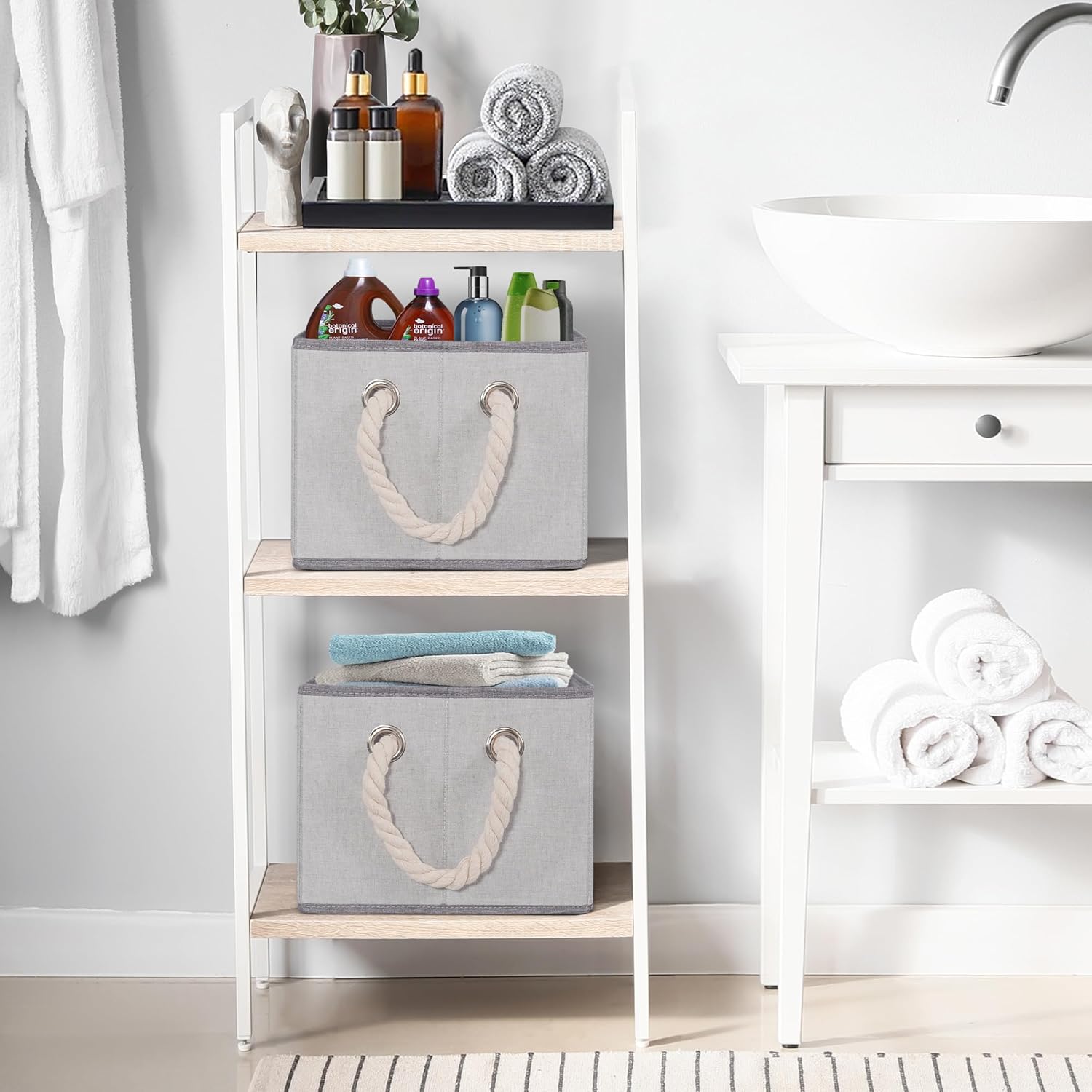 Contenedores de almacenamiento plegables con asas, cestas de almacenamiento decorativas para organización de estantes, cajas de almacenamiento