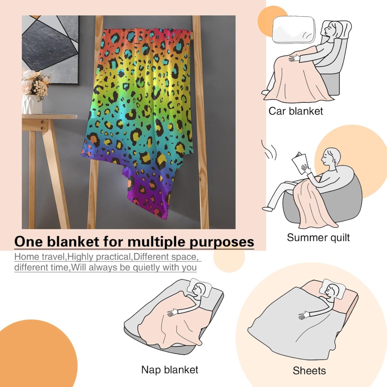 Manta de franela ultrasuave de forro polar neón arcoíris y leopardo para todas las estaciones, manta cálida y acogedora para cama, sofá o sillón, de