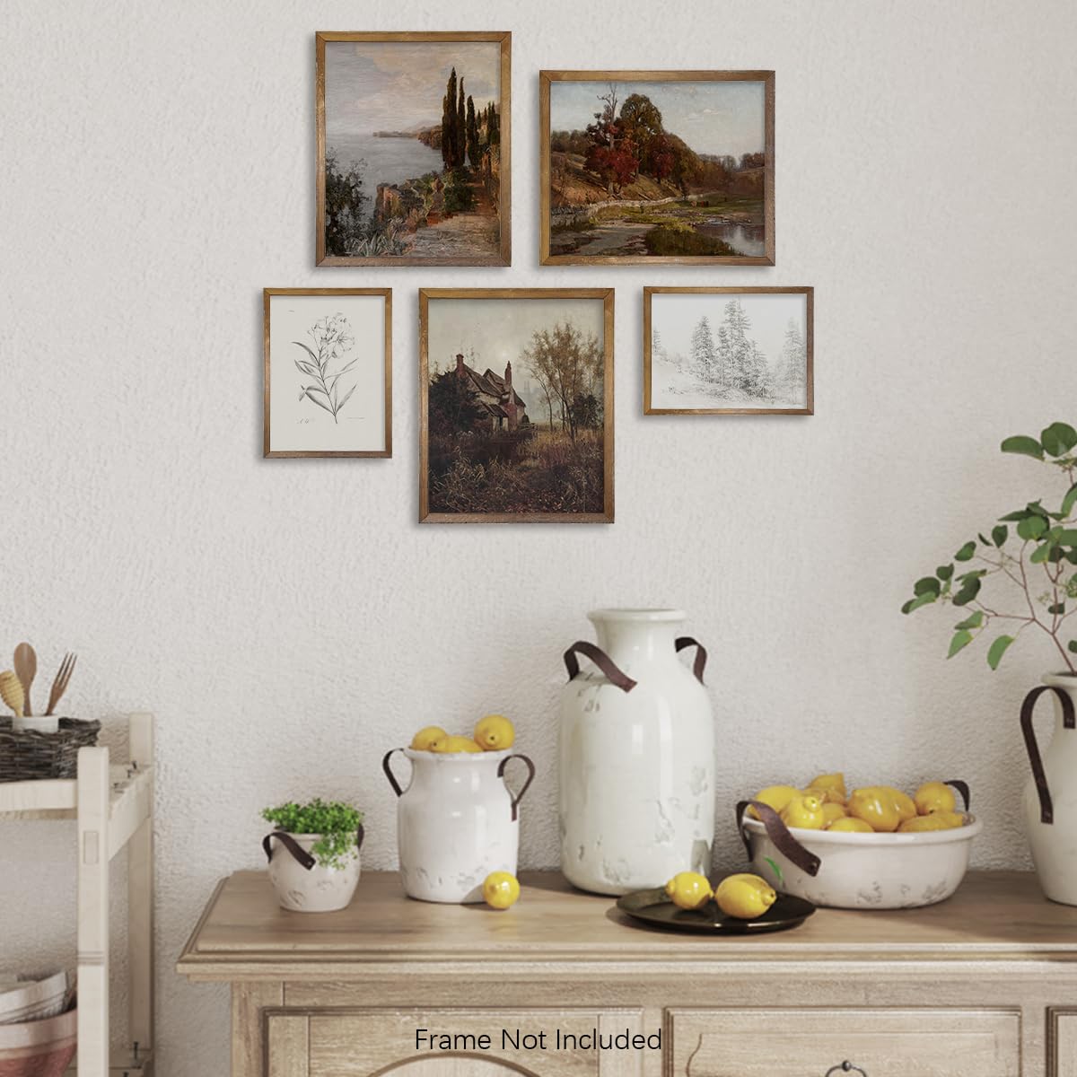 Boho Art Deco Landscape Pictures for Bathroom – Neutral Aesthetic Vintage CottageCore – Fall Autumn Lake River Nature Meadow – French Country